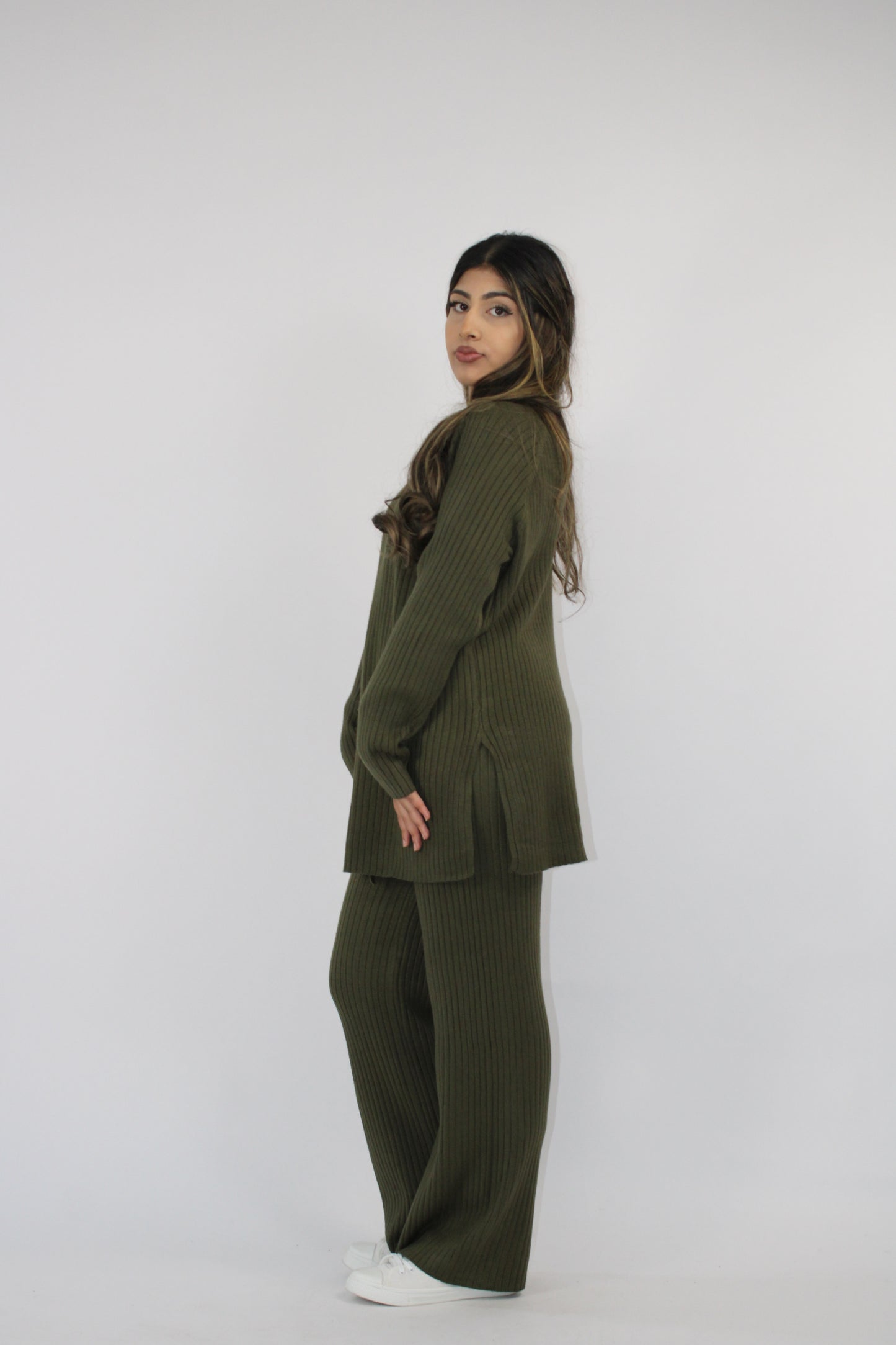 KHAKI RIBBED KNITTED CO ORD SET