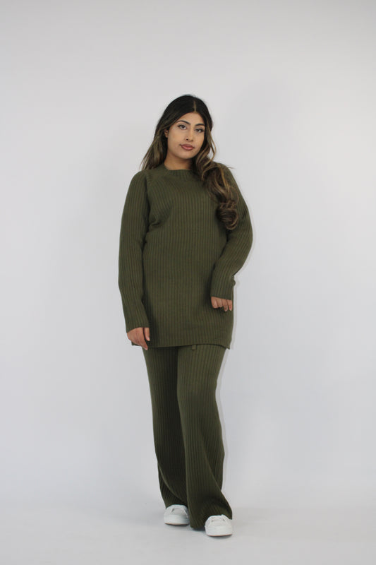 KHAKI RIBBED KNITTED CO ORD SET