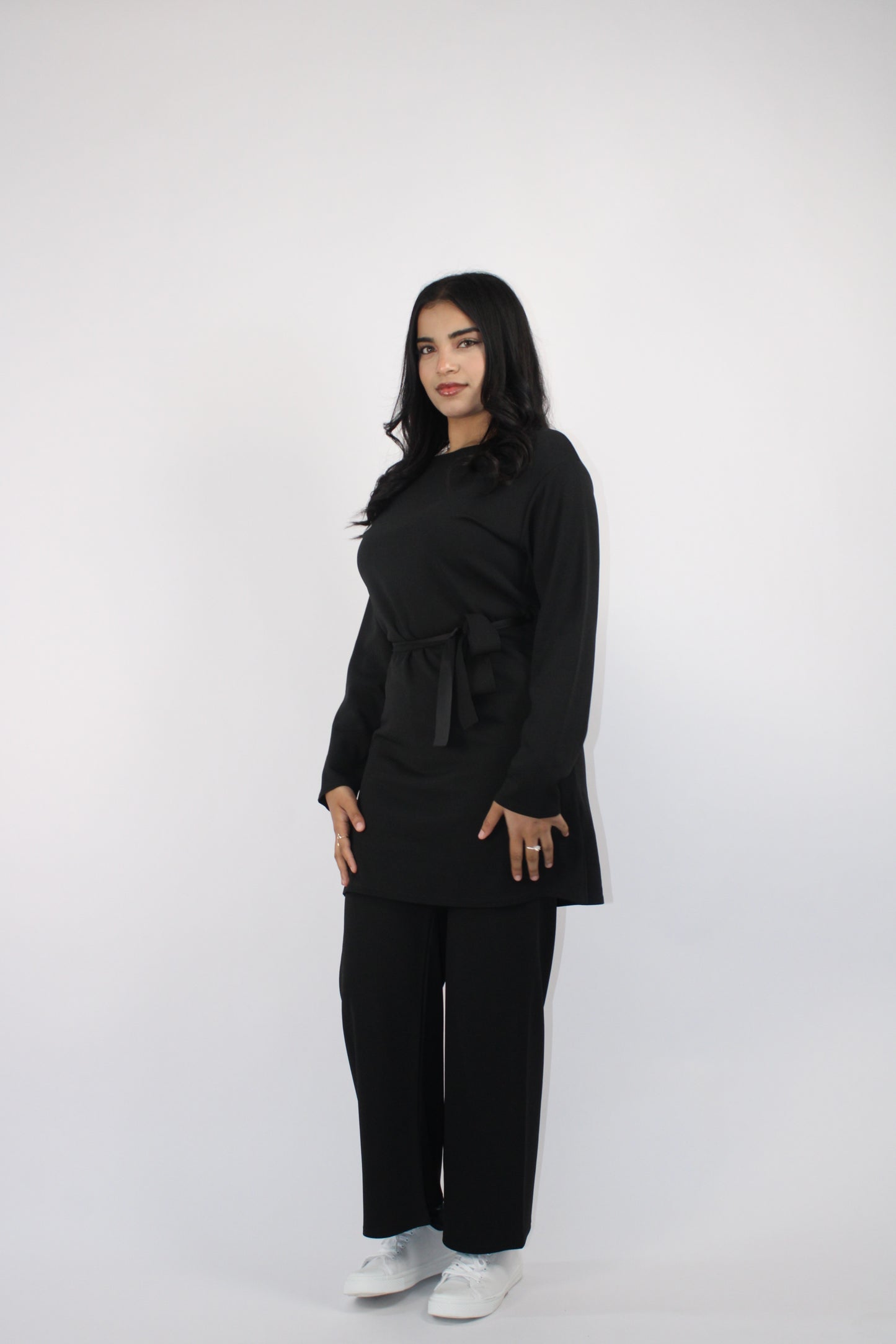 BLACK CREPE LONG SLEEVE BELTED CO ORD SET