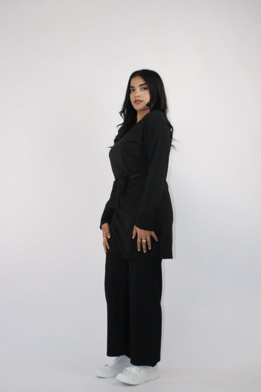 BLACK CREPE LONG SLEEVE BELTED CO ORD SET