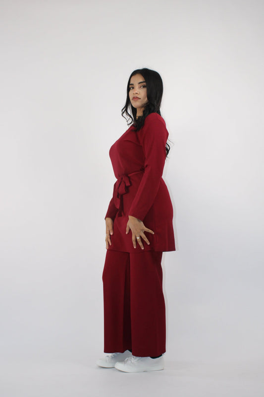 WINE CREPE LONG SLEEVE BELTED CO ORD SET