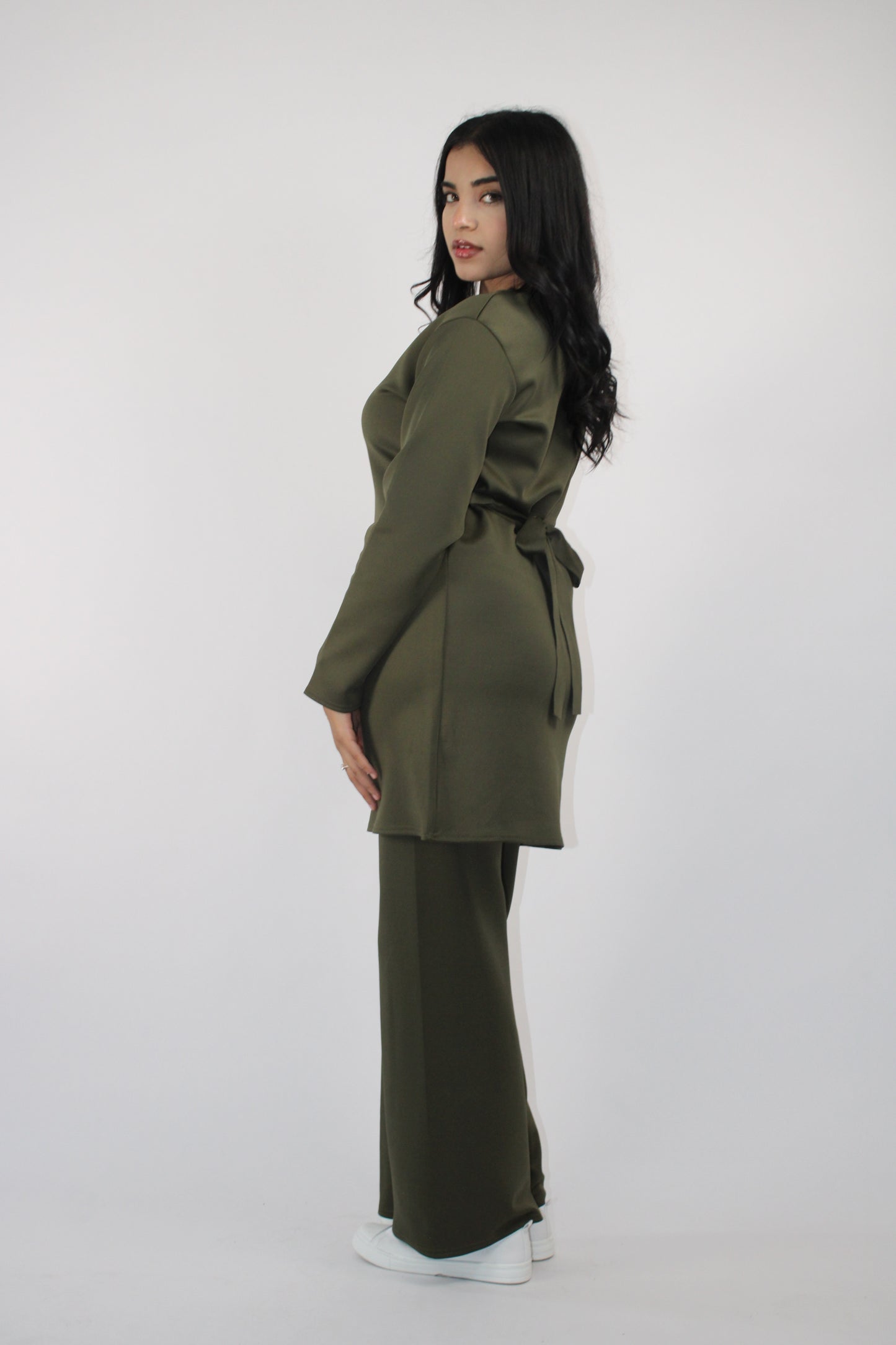 KHAKI CREPE LONG SLEEVE BELTED CO ORD SET