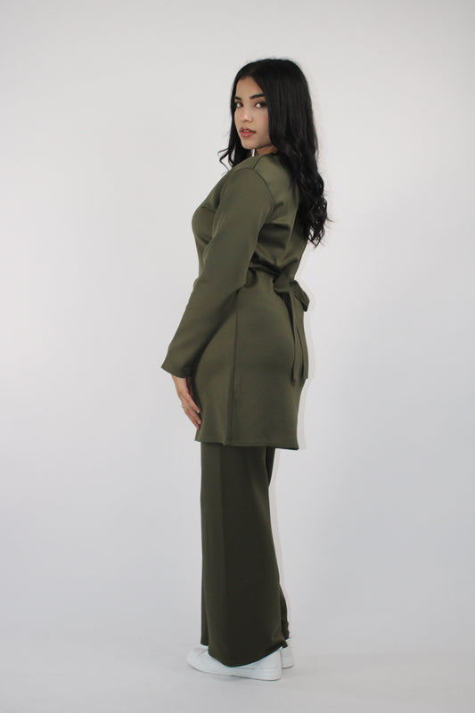 KHAKI CREPE LONG SLEEVE BELTED CO ORD SET