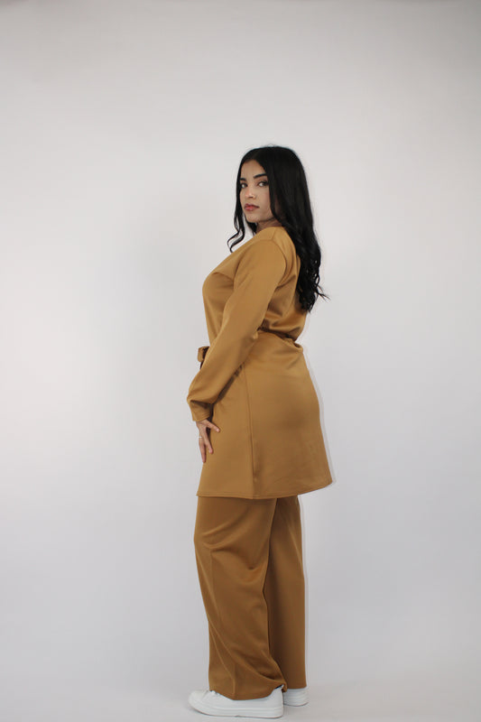 CAMEL CREPE LONG SLEEVE BELTED CO ORD SET