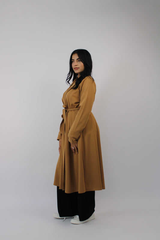 CAMEL LONG JACKET WITH LONG SLEEVES, POCKET AND BELT