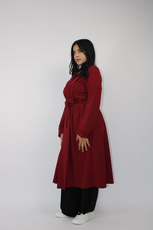 WINE LONG JACKET WITH LONG SLEEVES, POCKET AND BELT
