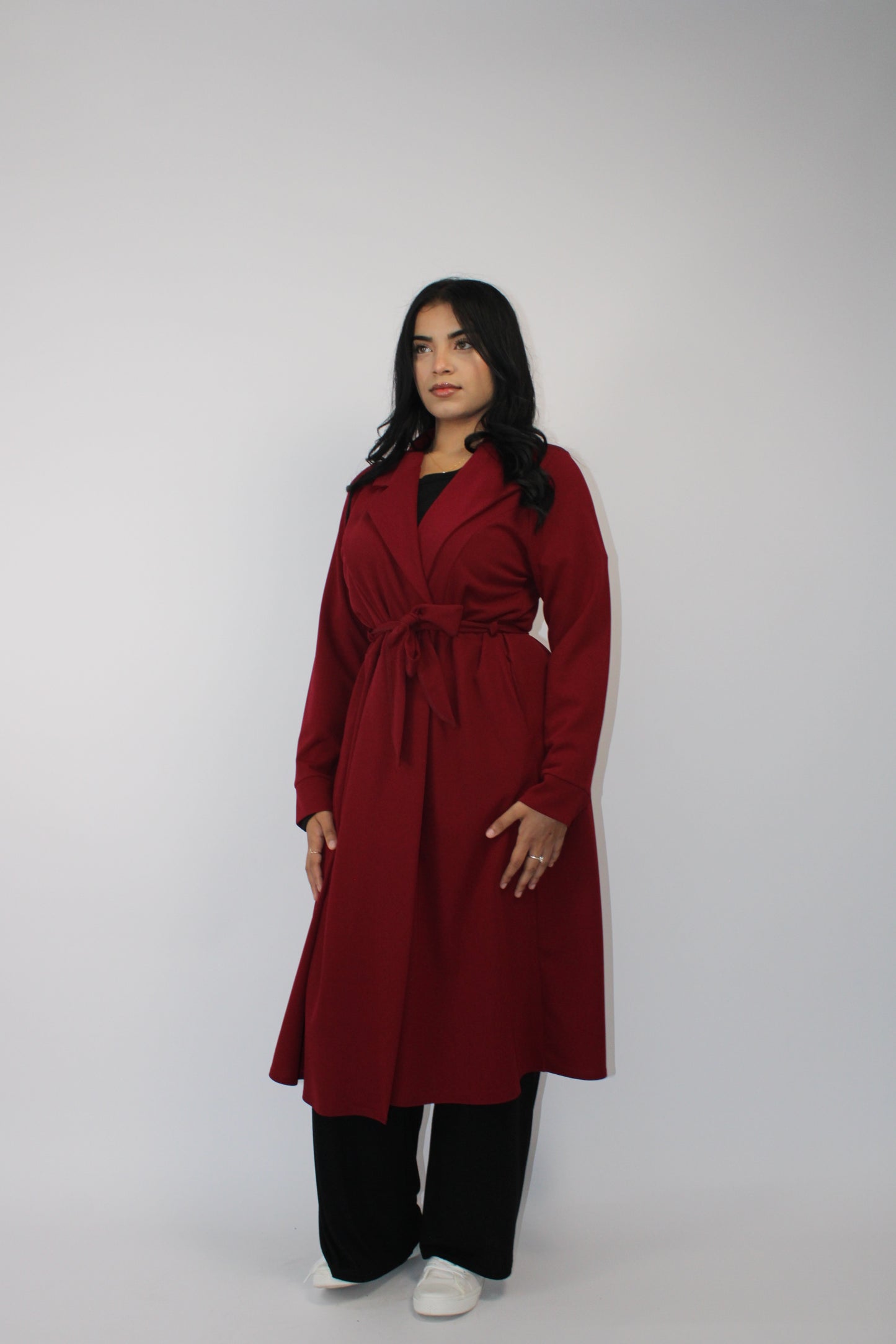 WINE LONG JACKET WITH LONG SLEEVES, POCKET AND BELT