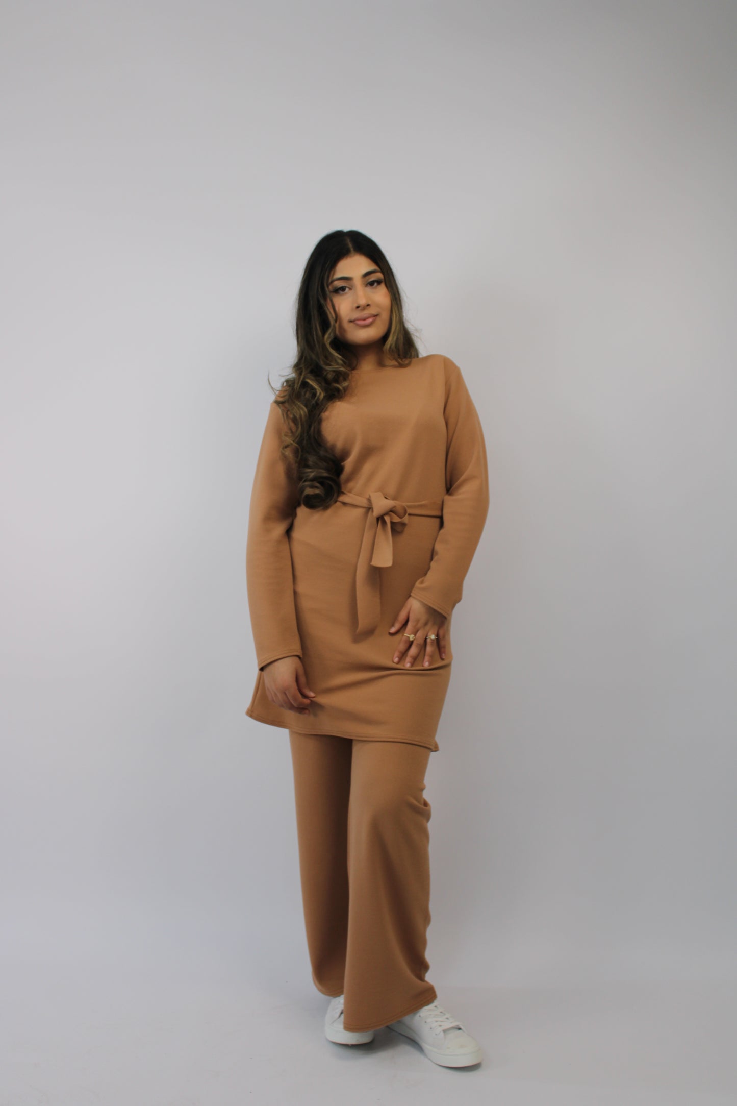CAMEL LONG SLEEVE BELTED CO ORD SET
