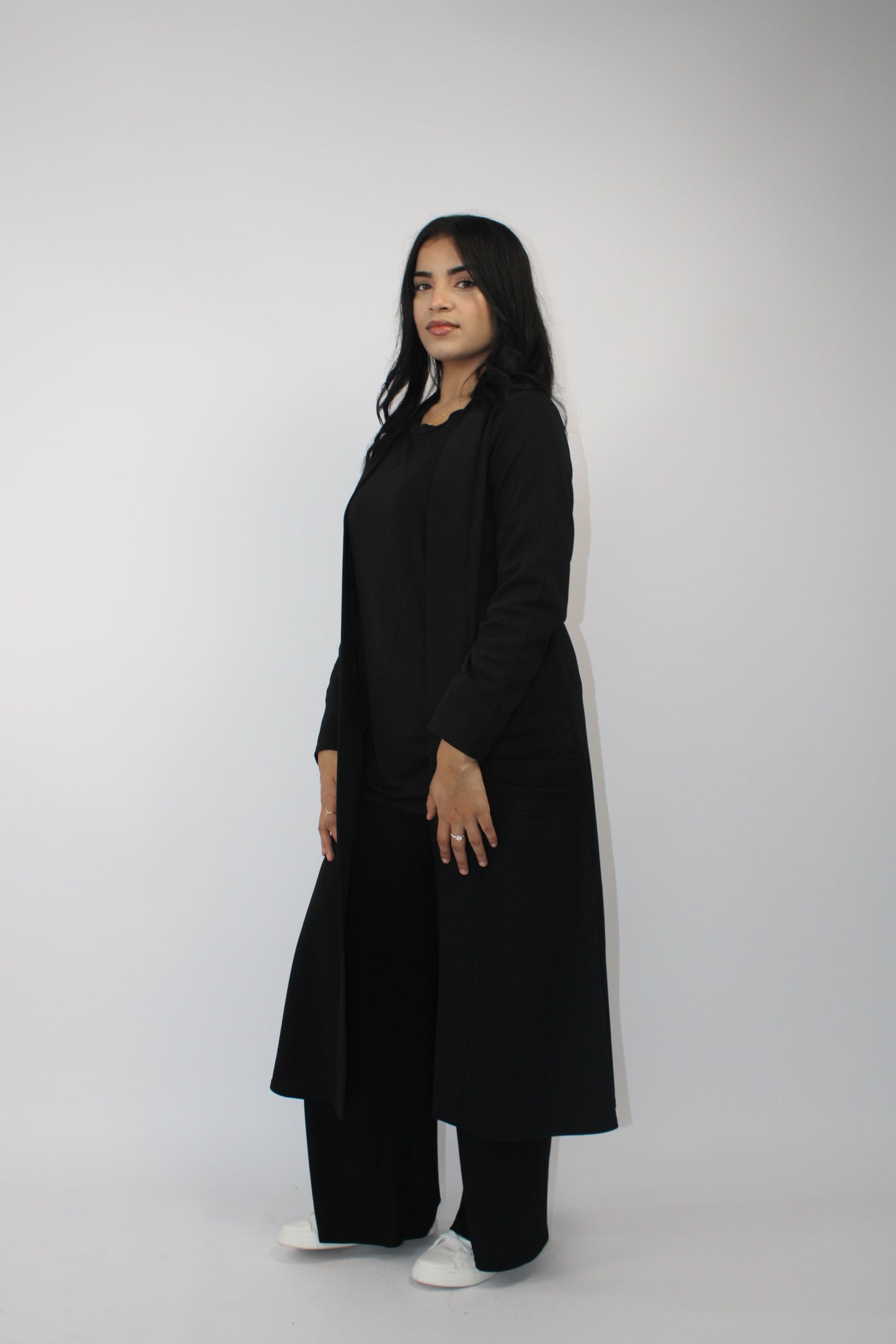 BLACK LONG SLEEVE PLEATED POCKET CARDIGAN