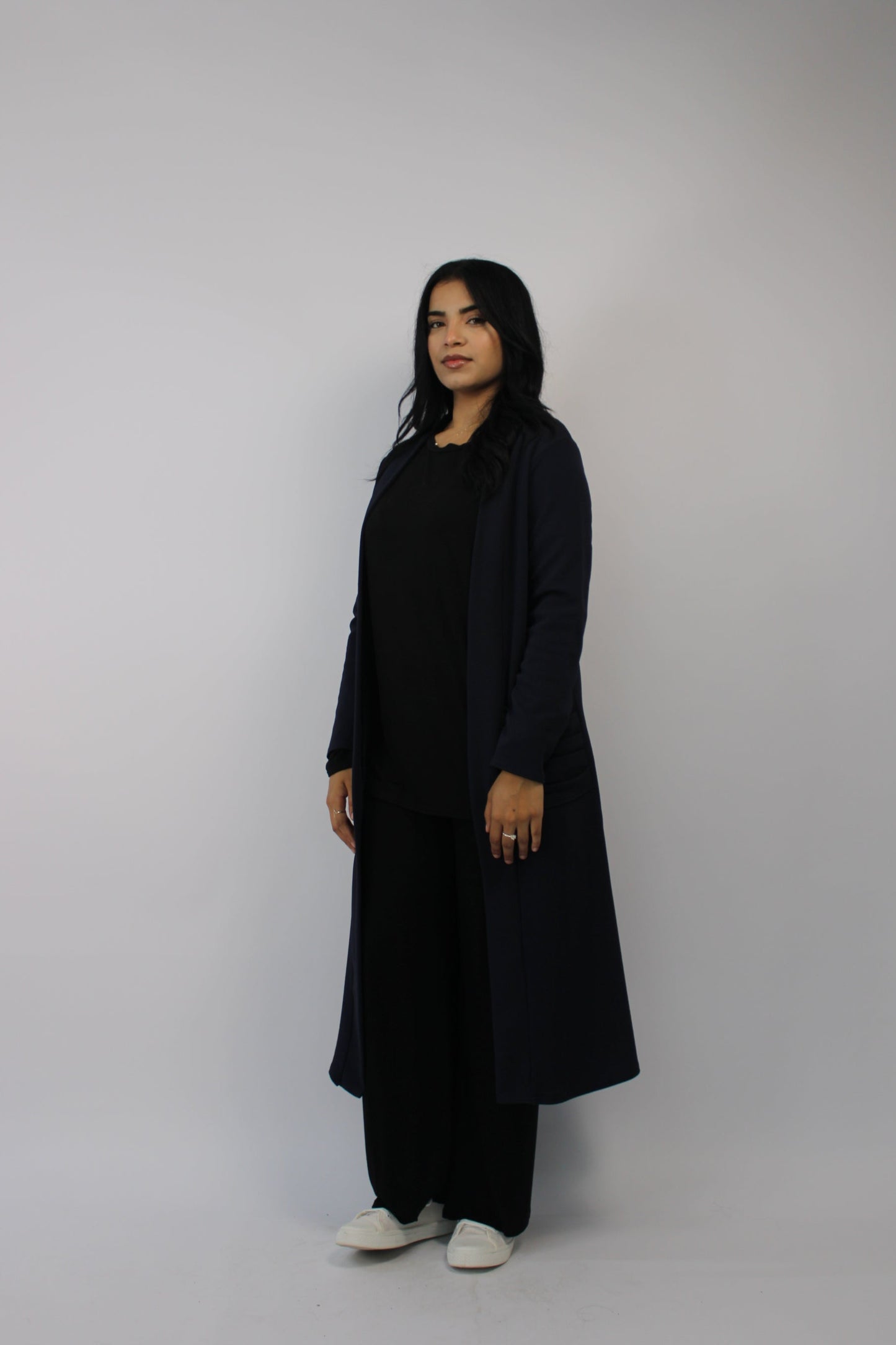 NAVY LONG SLEEVE PLEATED POCKET CARDIGAN