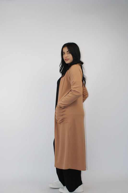 CAMEL LONG SLEEVE PLEATED POCKET CARDIGAN