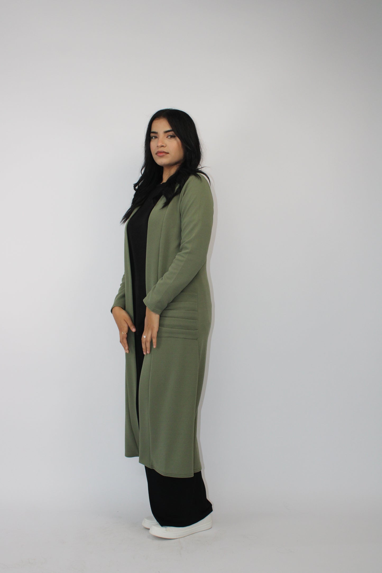 KHAKI LONG SLEEVE PLEATED POCKET CARDIGAN