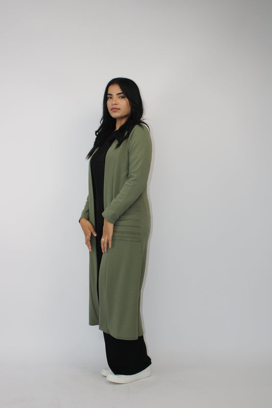 KHAKI LONG SLEEVE PLEATED POCKET CARDIGAN