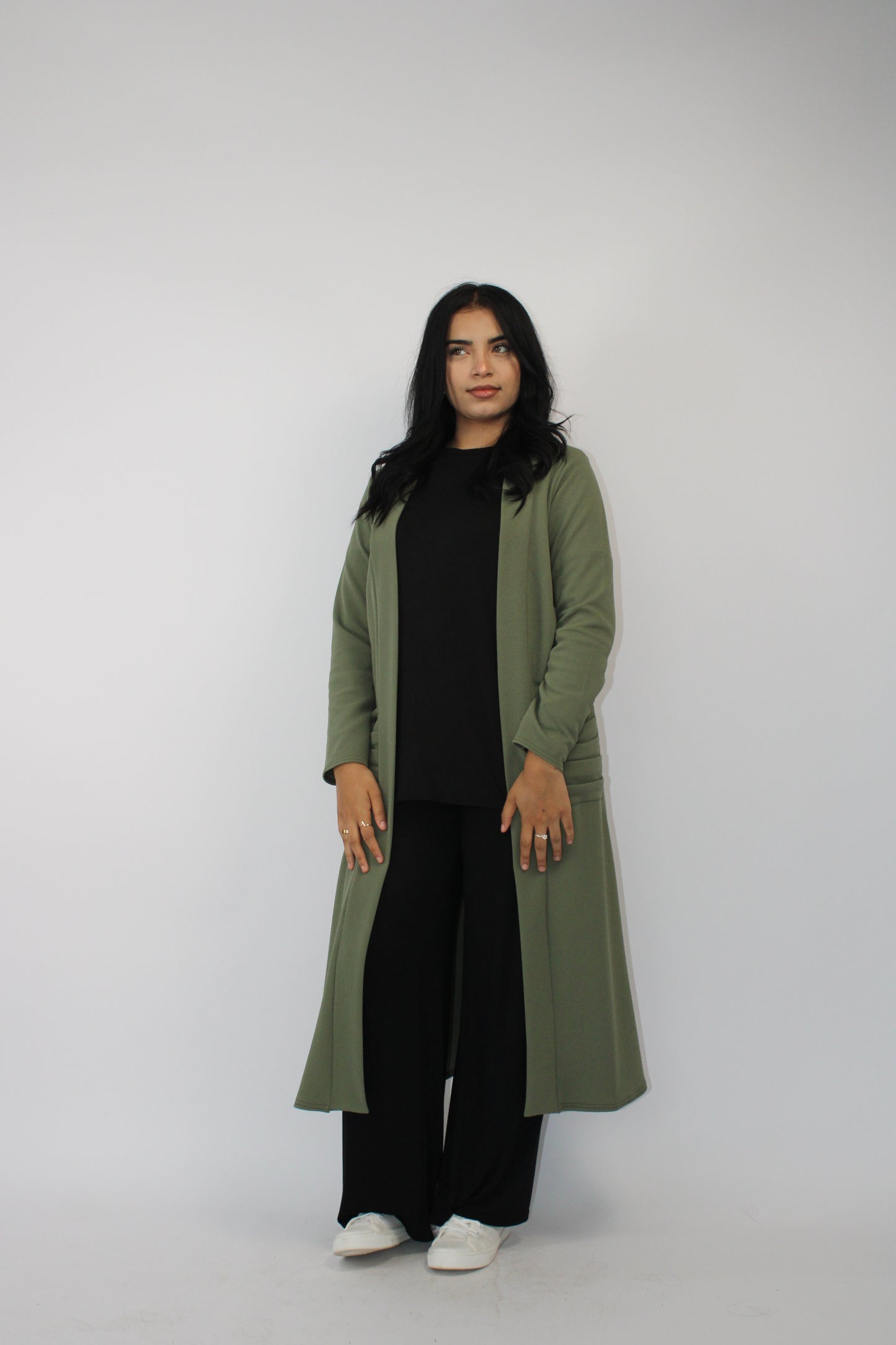 KHAKI LONG SLEEVE PLEATED POCKET CARDIGAN