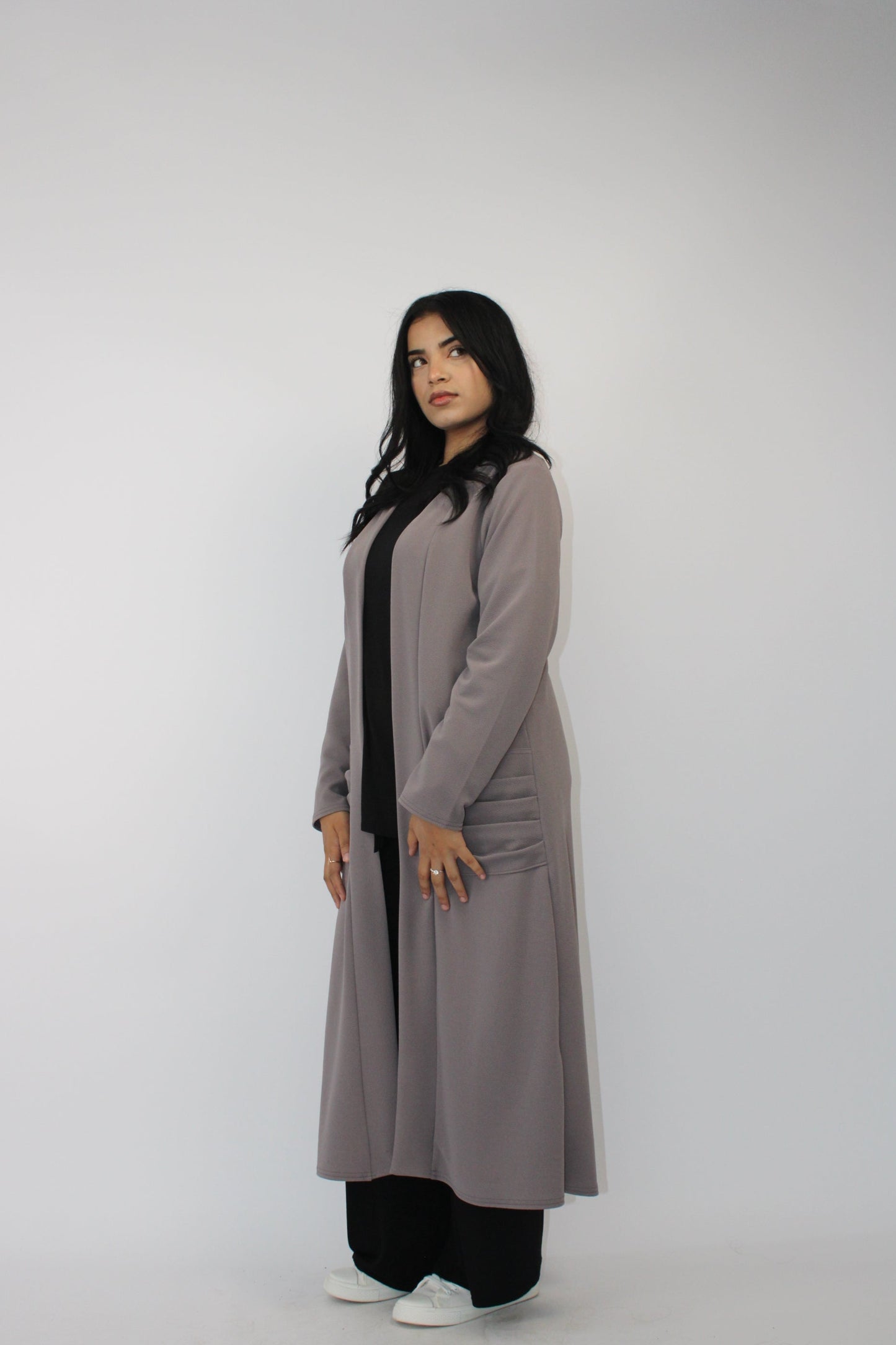 GREY LONG SLEEVE PLEATED POCKET CARDIGAN