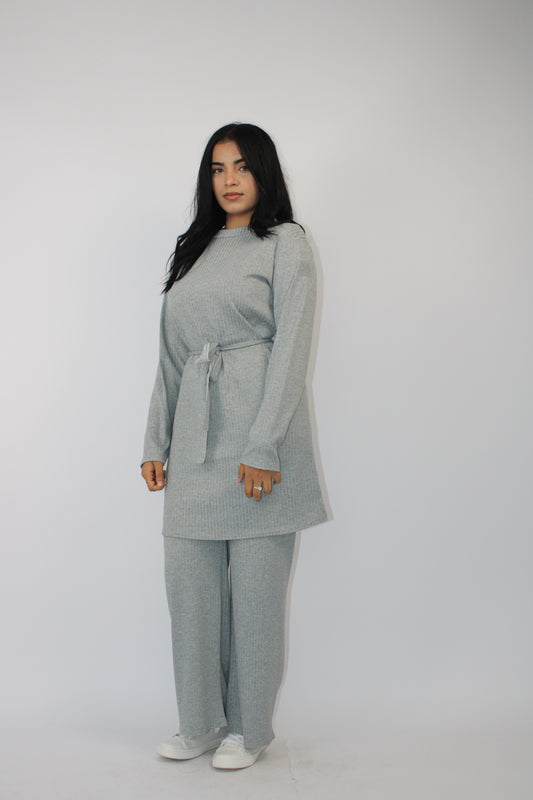 GREY RIBBED LONG SLEEVE BELTED CO ORD SET