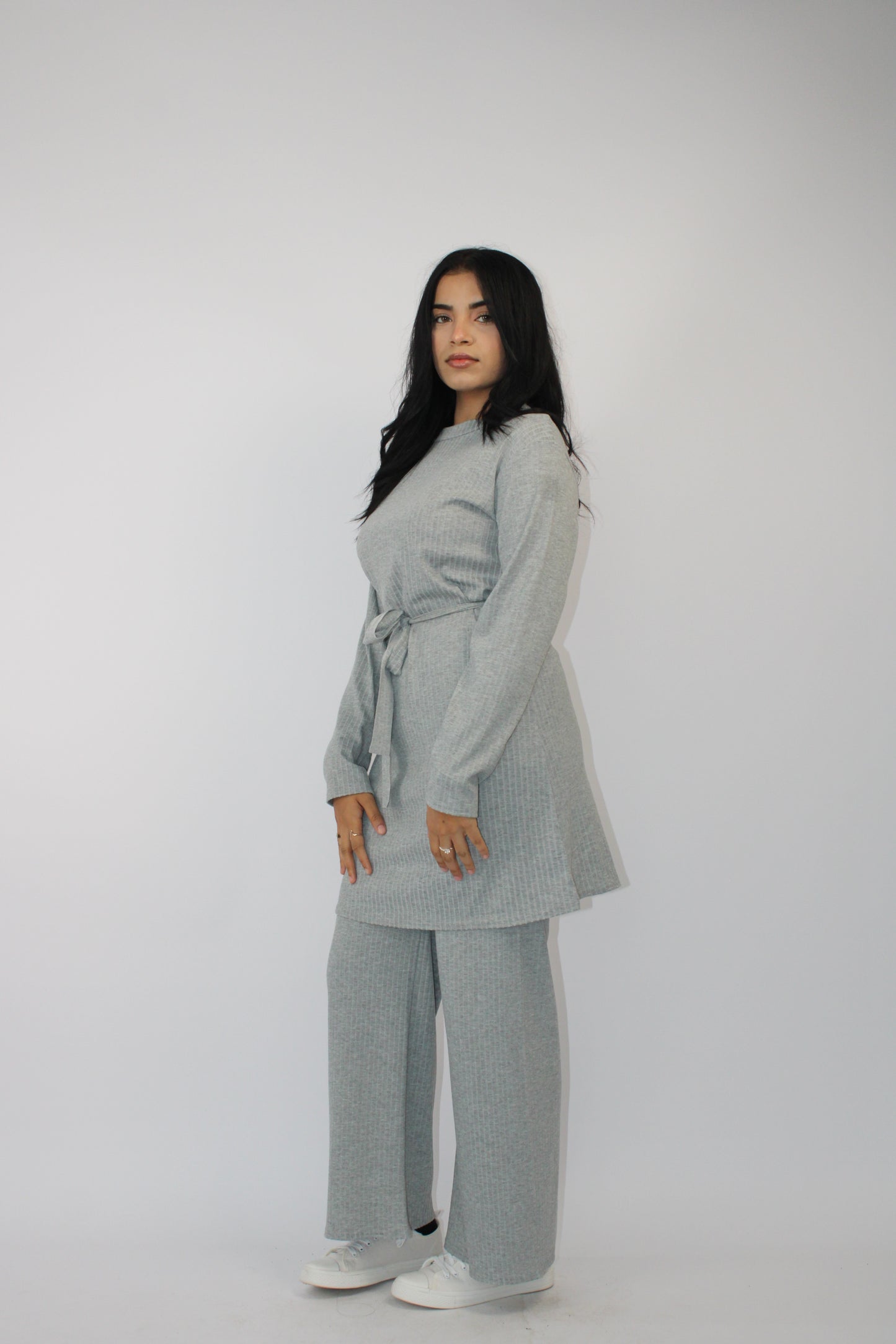 GREY RIBBED LONG SLEEVE BELTED CO ORD SET