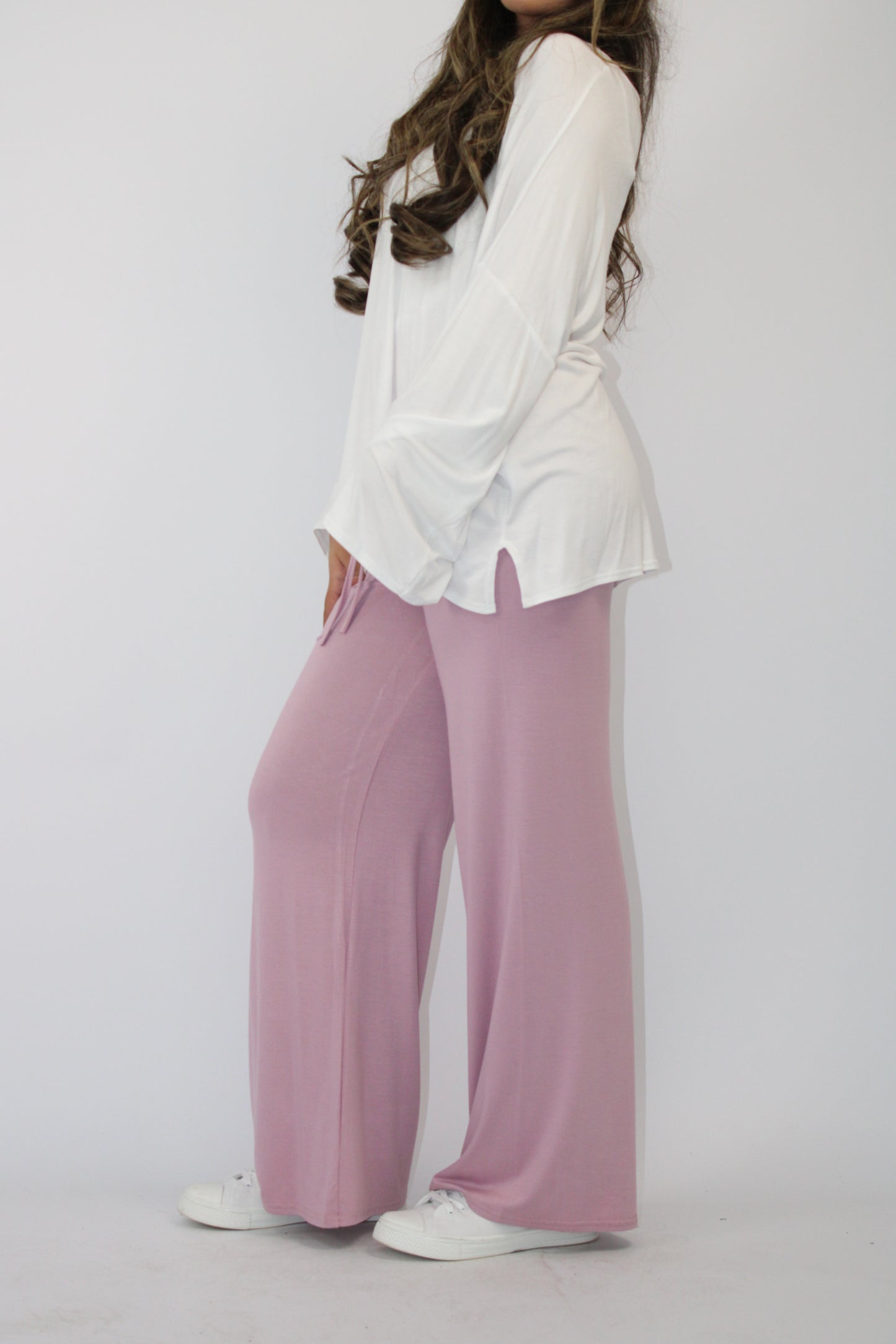 PLAIN COMFORTABLE WIDE LEG TROUSERS WITH DRAWSTRING DETAIL