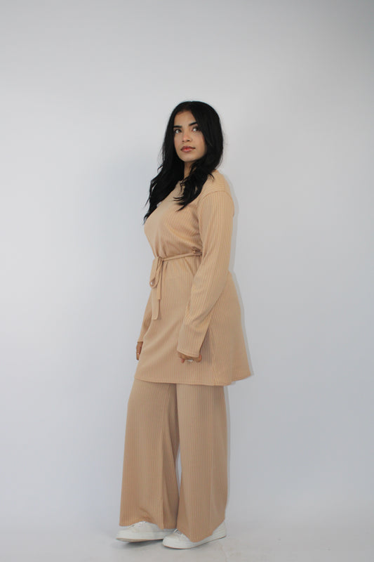 CAMEL RIBBED LONG SLEEVE BELTED CO ORD SET