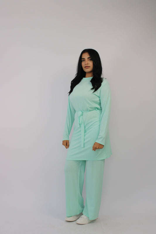 BLUE RIBBED LONG SLEEVE BELTED CO ORD SET