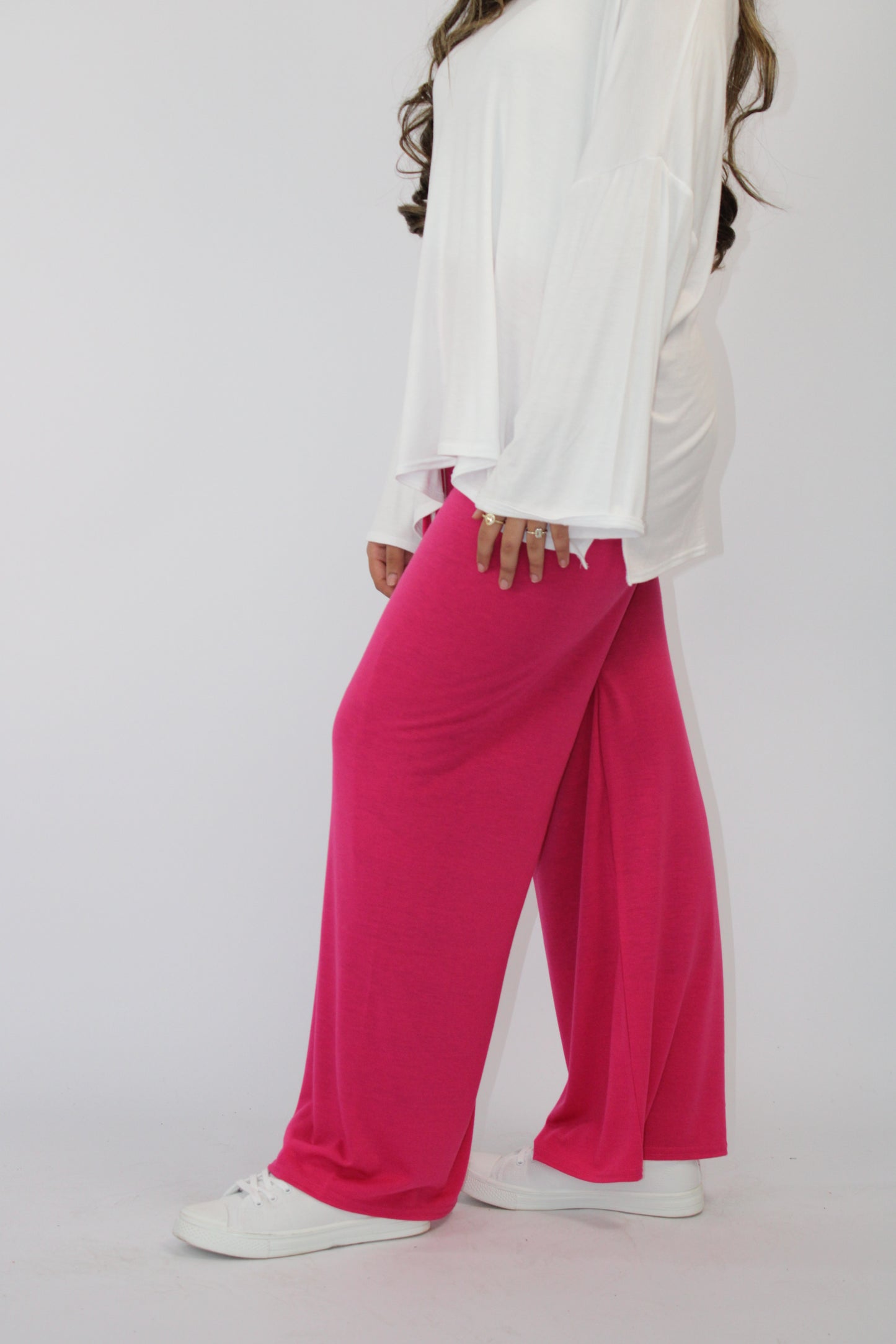 PLAIN COMFORTABLE WIDE LEG TROUSERS WITH DRAWSTRING DETAIL