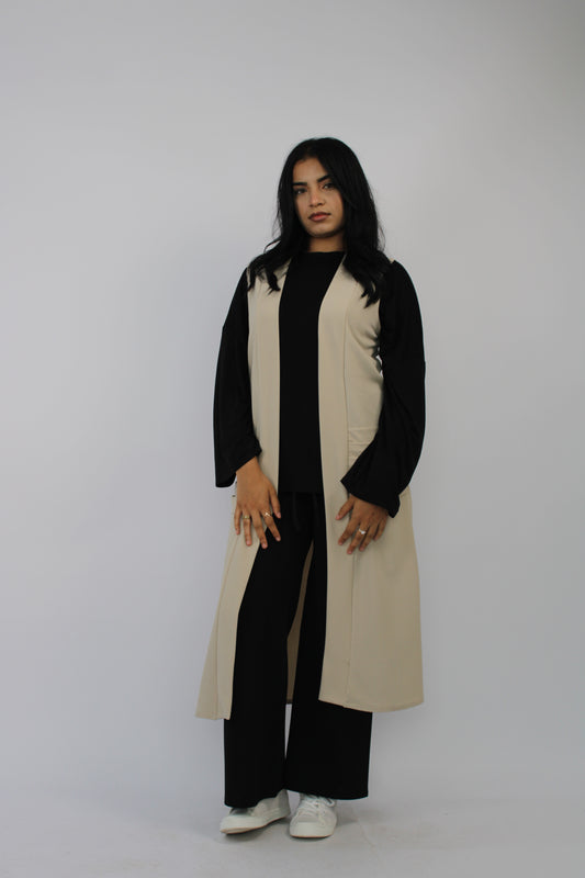 STONE SLEEVELESS PLEATED POCKET LONG CARDIGAN