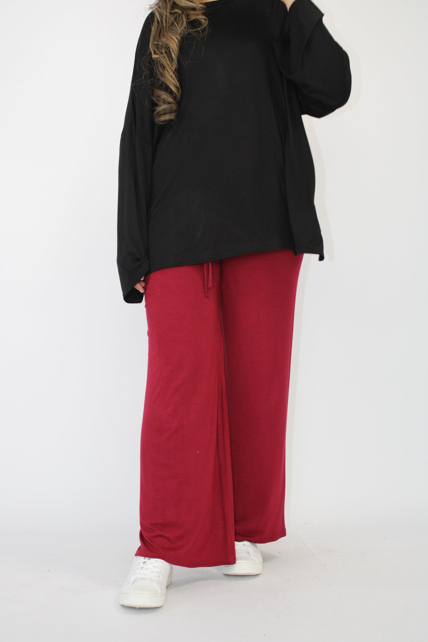PLAIN COMFORTABLE WIDE LEG TROUSERS WITH DRAWSTRING DETAIL