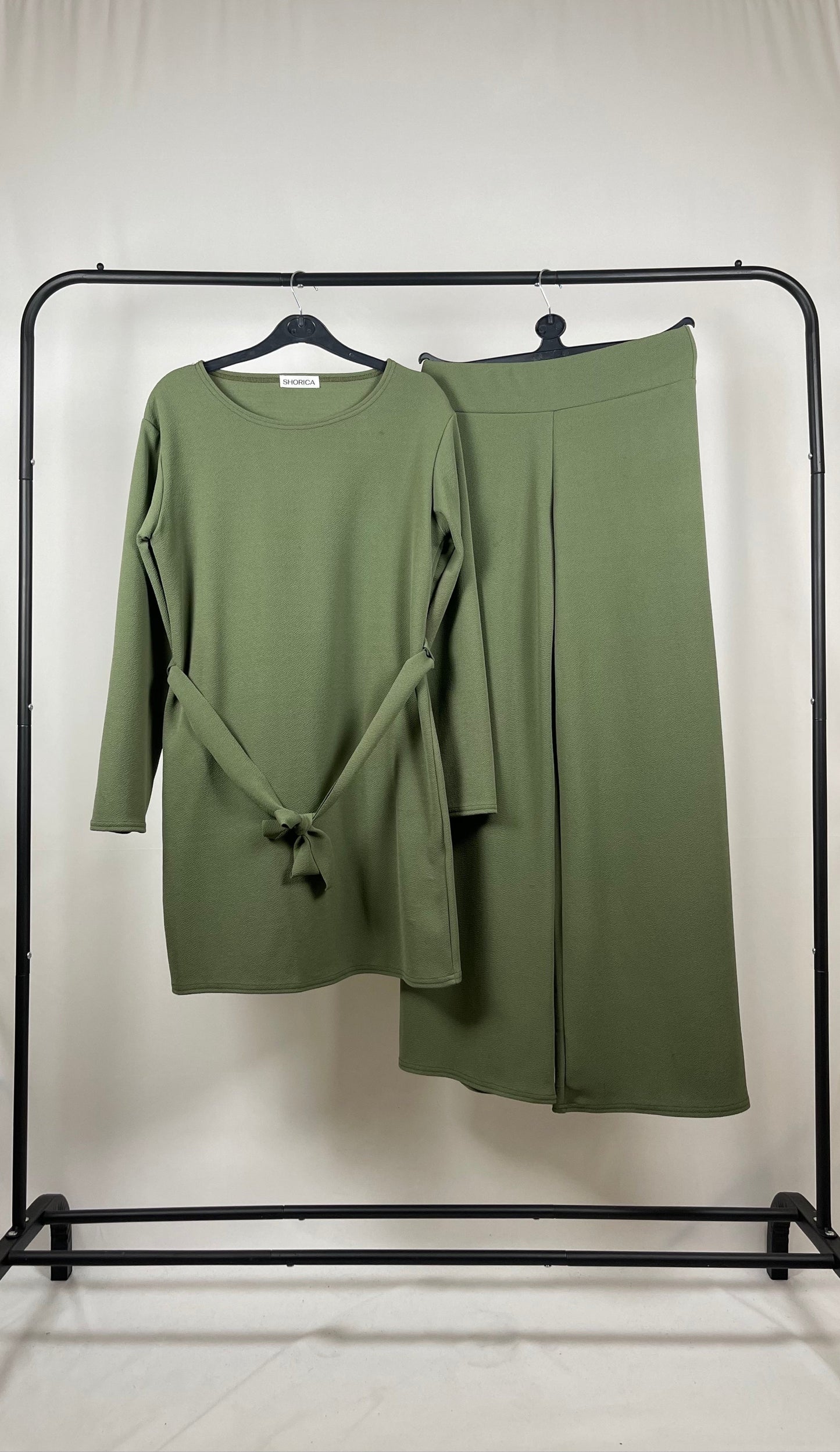 Long Sleeve Belted Co Ord Sets with Wide Leg Trousers in Khaki