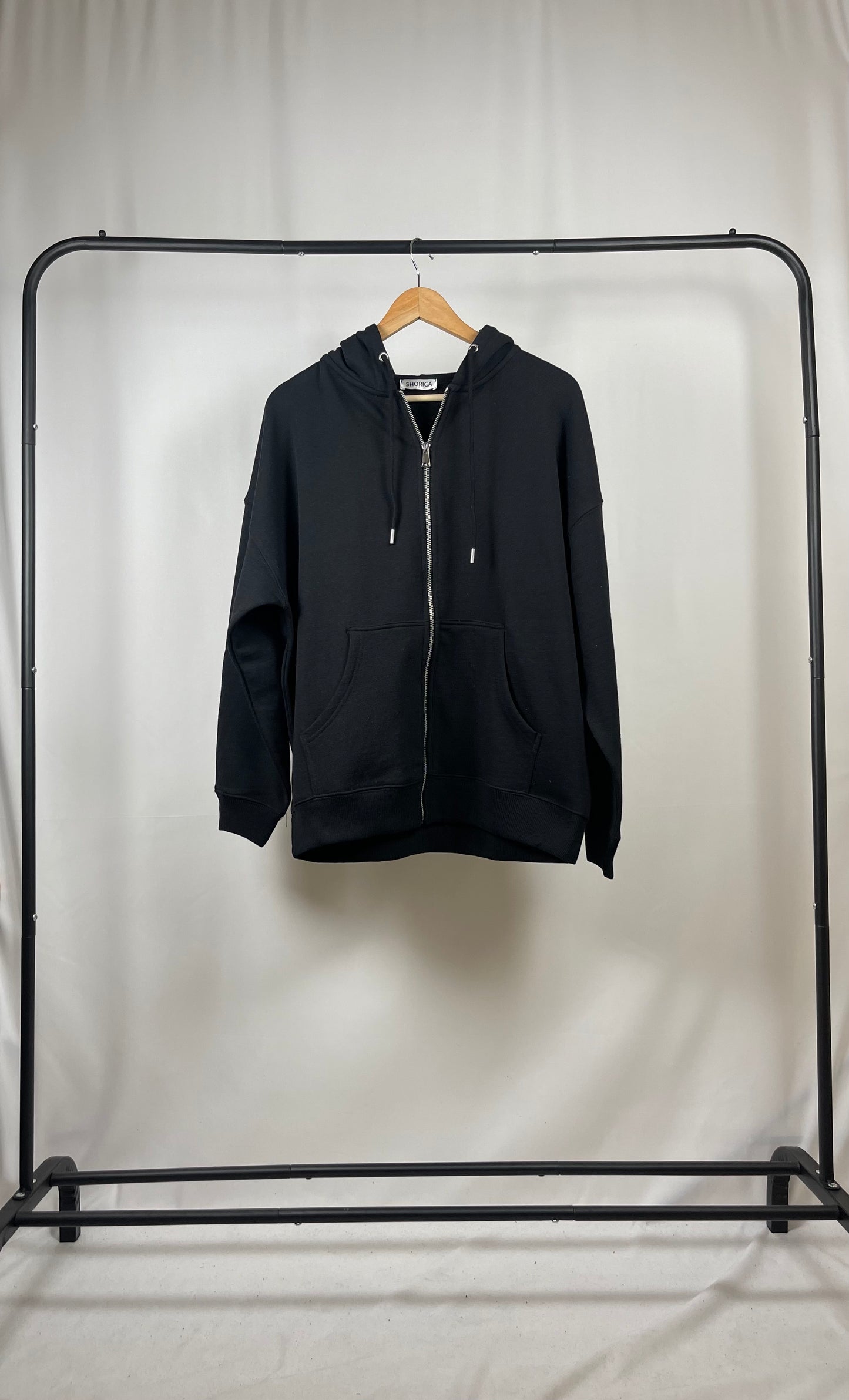 BLACK BASIC DROP SHOULDER ZIP-UP HOODIE