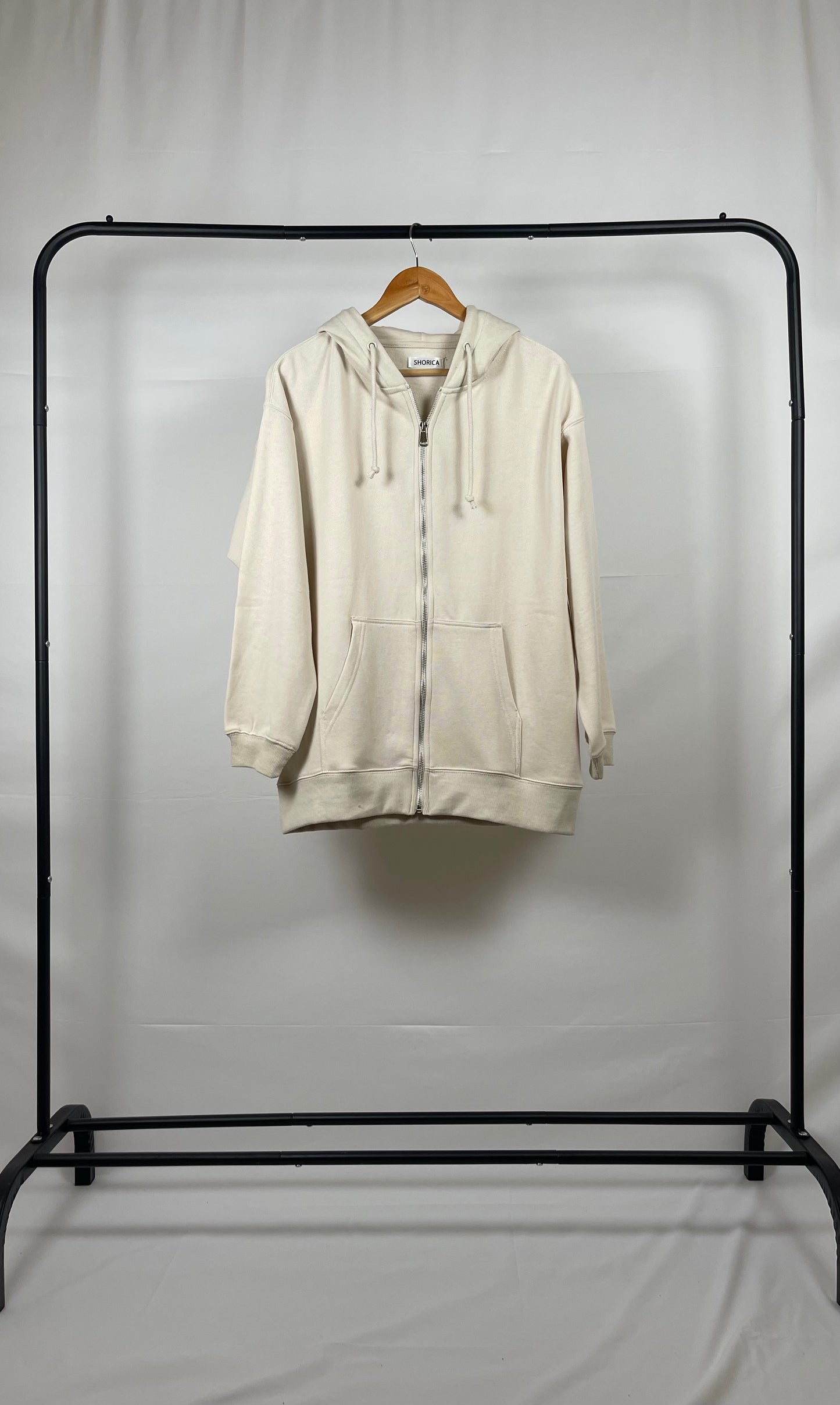 CREAM BASIC DROP SHOULDER ZIP-UP HOODIE