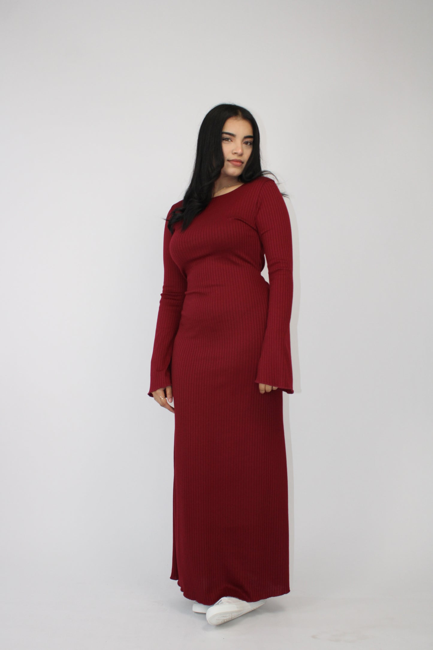 WINE RIBBED LONG SLEEVE MAXI DRESS