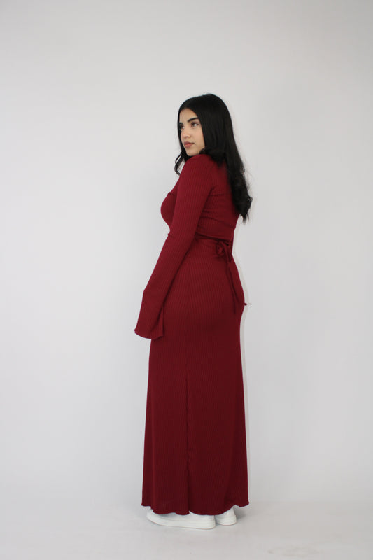 WINE RIBBED LONG SLEEVE MAXI DRESS