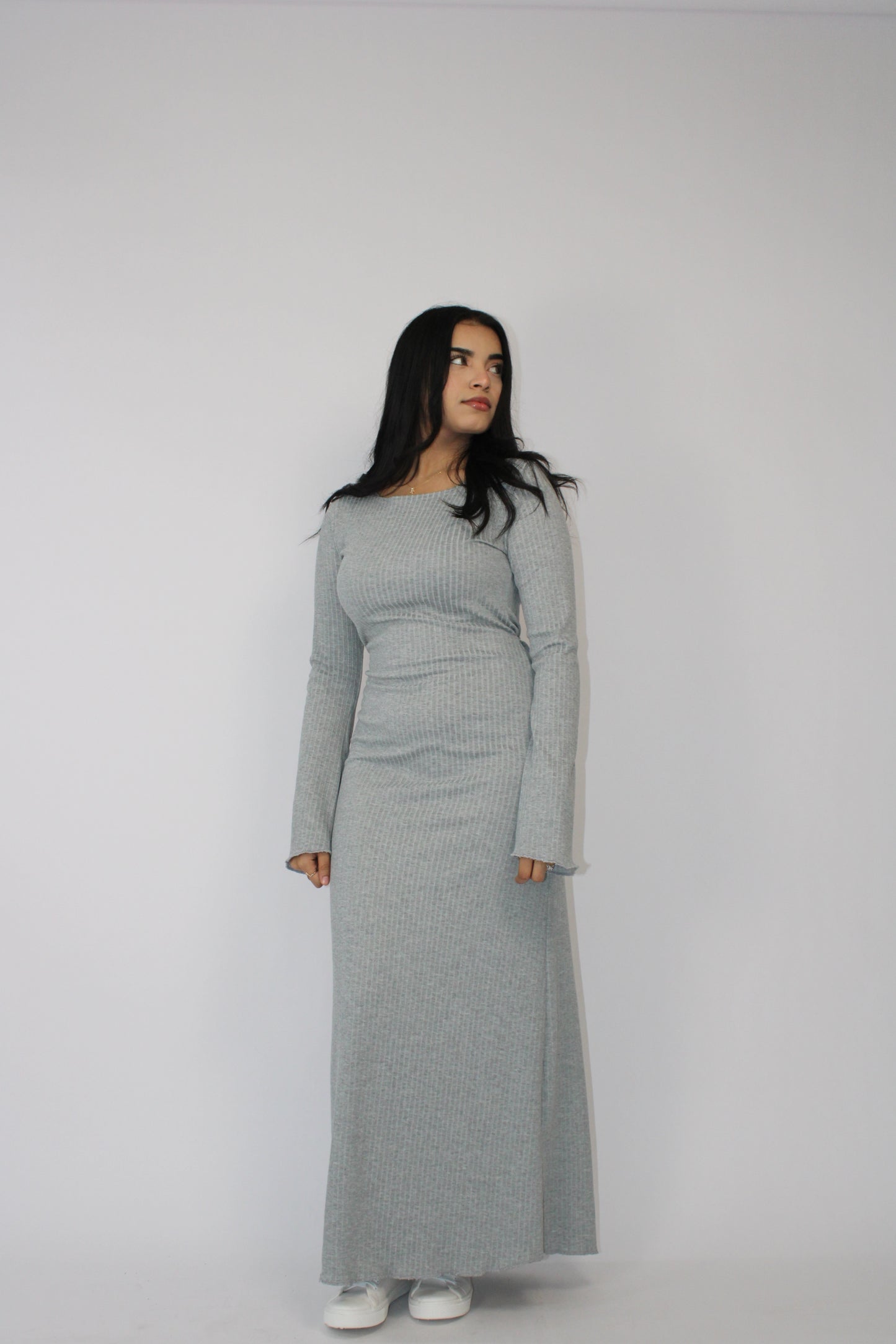LIGHT GREY RIBBED LONG SLEEVE MAXI DRESS