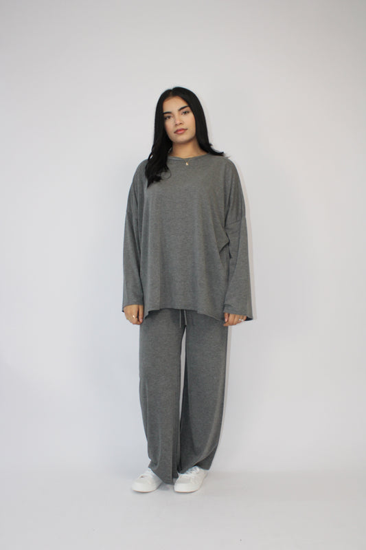 DARK GREY MARL BASIC LONG SLEEVE OVERSIZED TOP