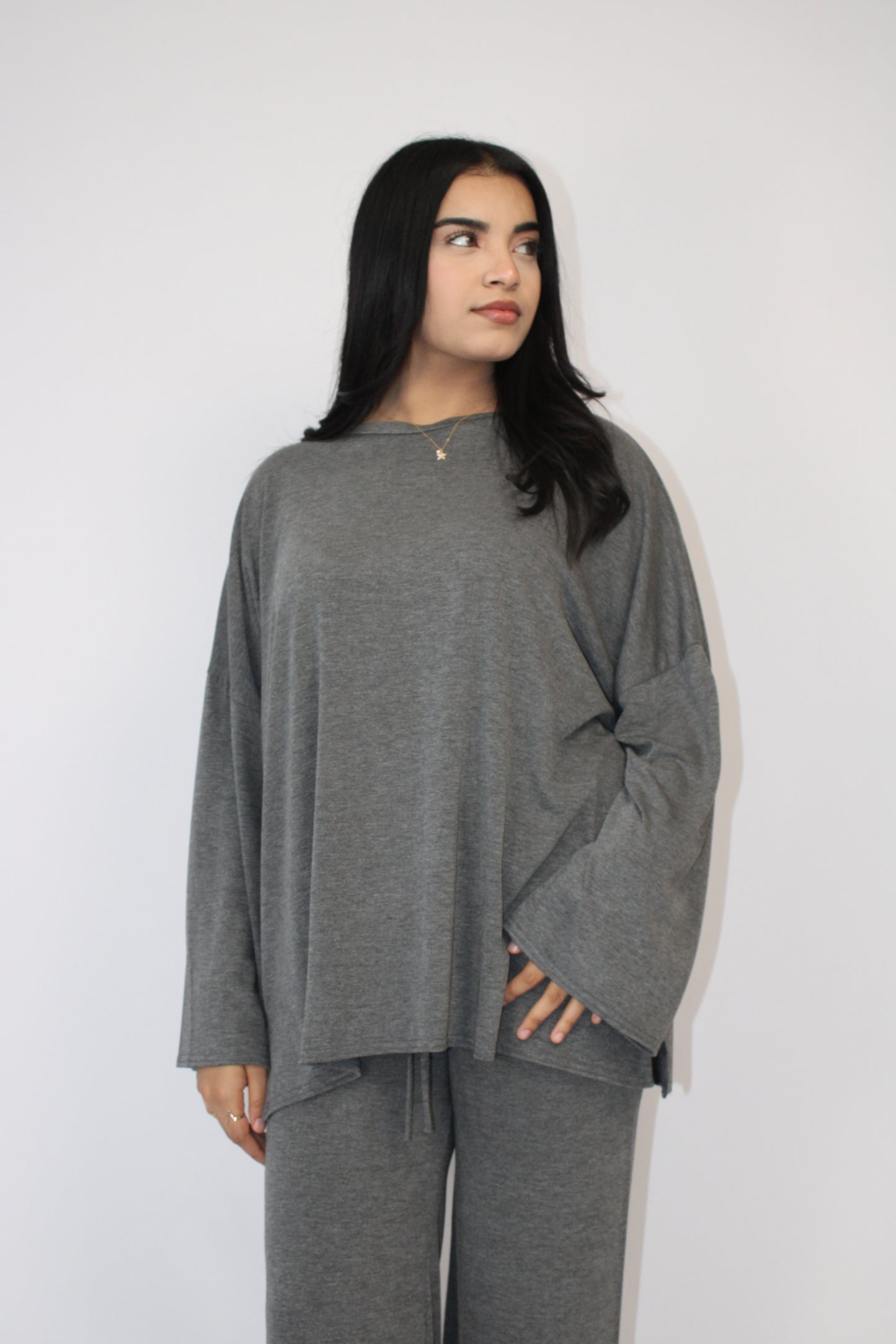 DARK GREY MARL BASIC LONG SLEEVE OVERSIZED TOP