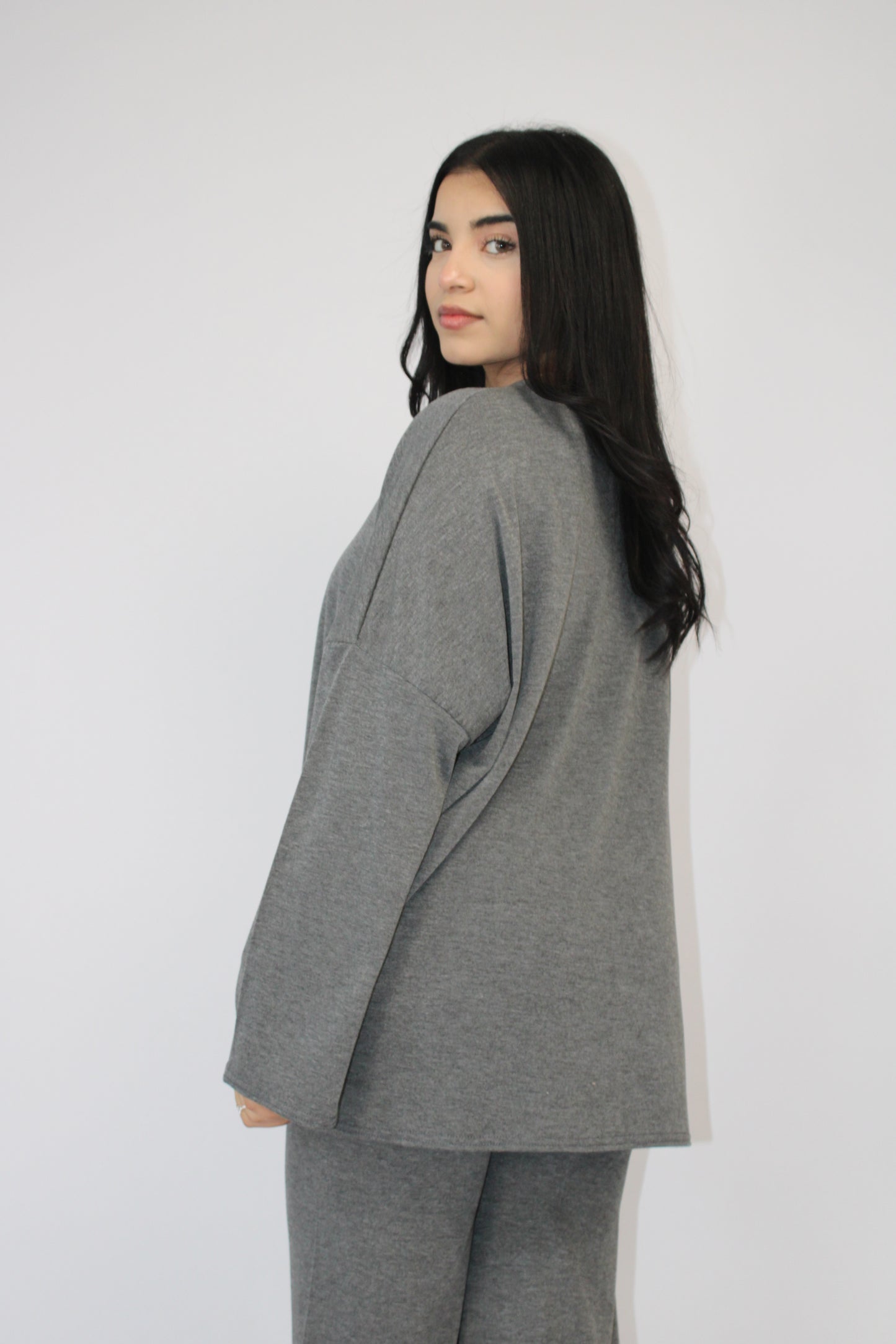 DARK GREY MARL BASIC LONG SLEEVE OVERSIZED TOP