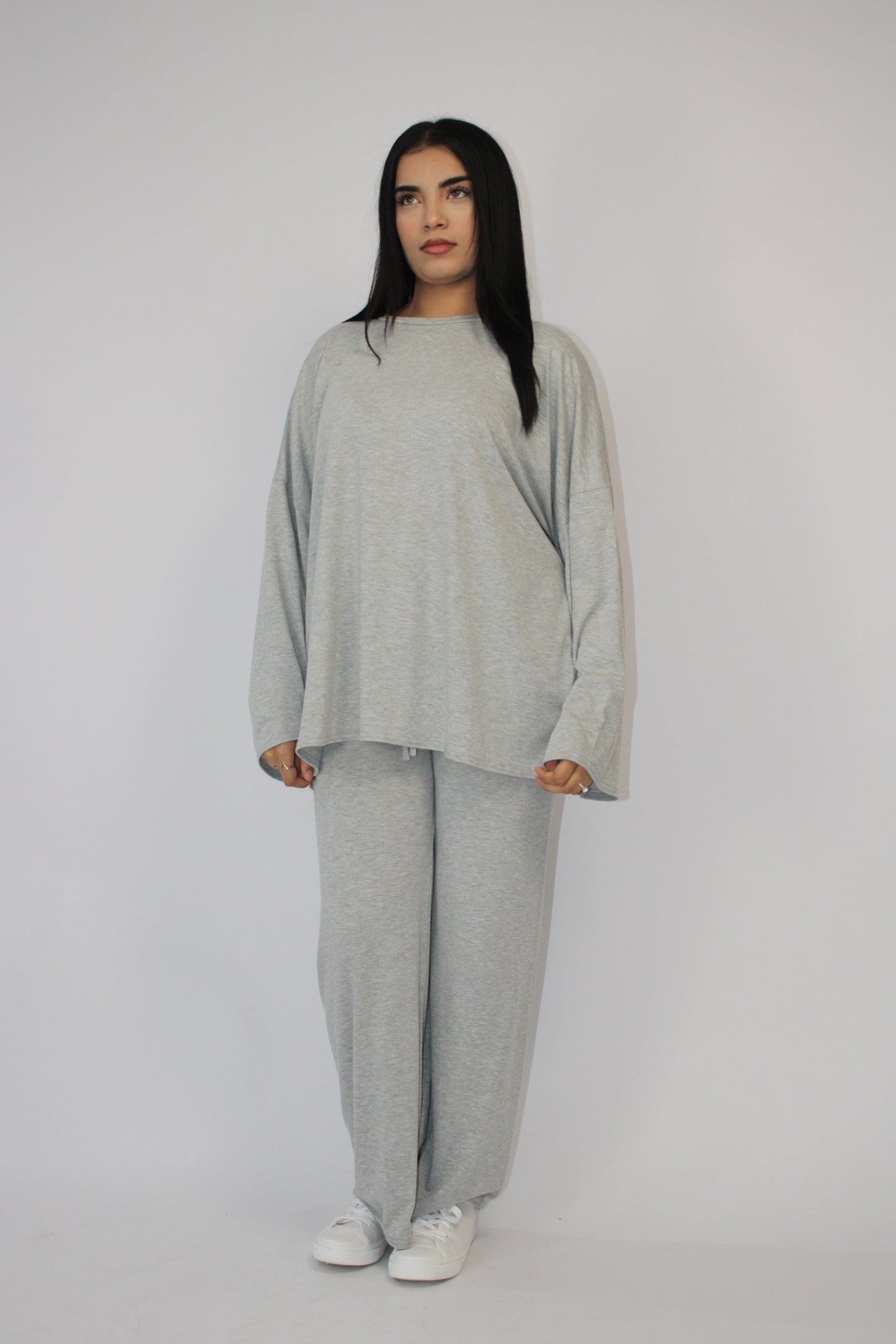 LIGHT GREY MARL BASIC LONG SLEEVE OVERSIZED TOP