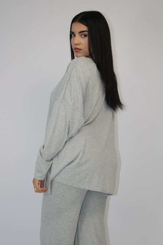 LIGHT GREY MARL BASIC LONG SLEEVE OVERSIZED TOP