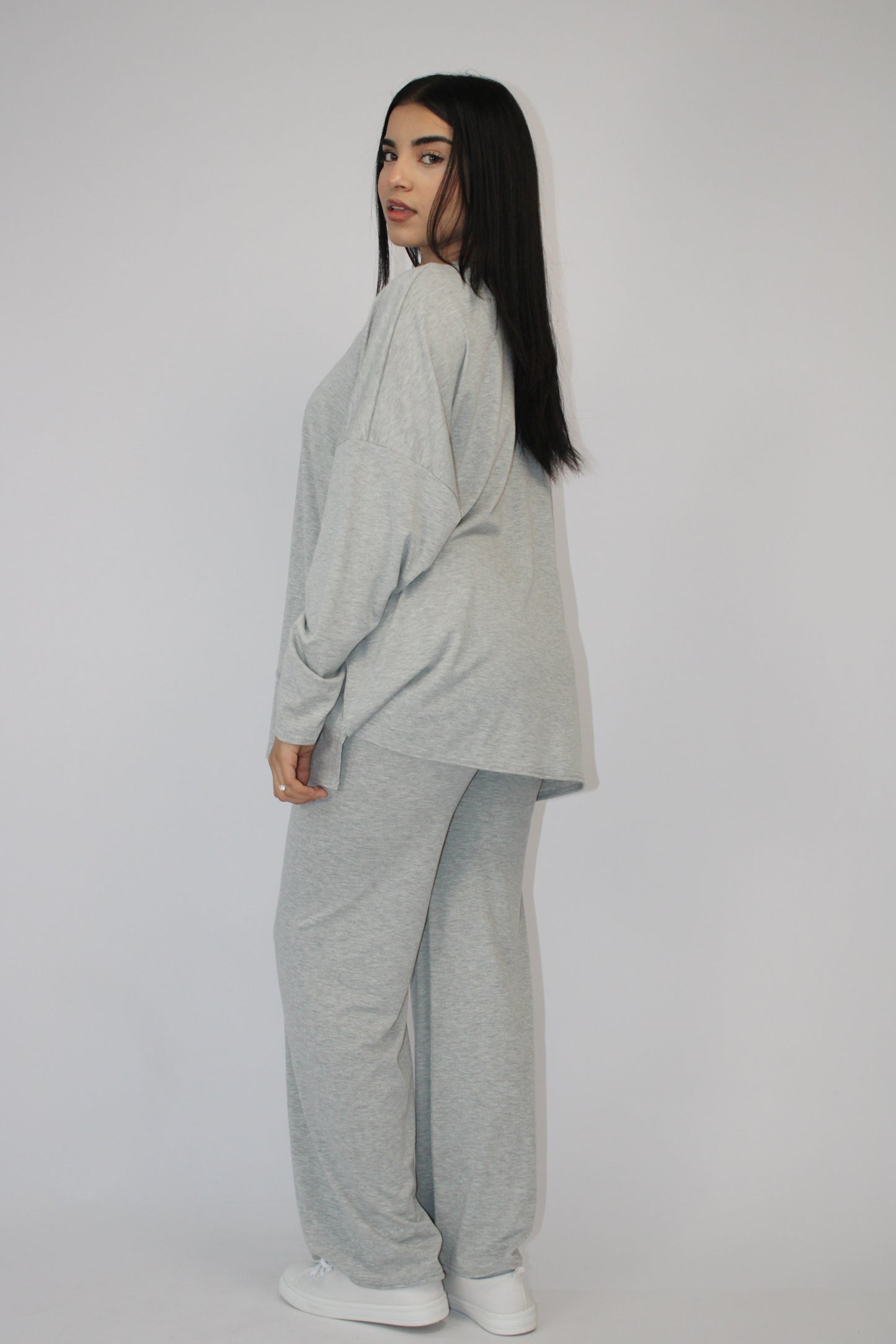 LIGHT GREY MARL BASIC LONG SLEEVE OVERSIZED TOP