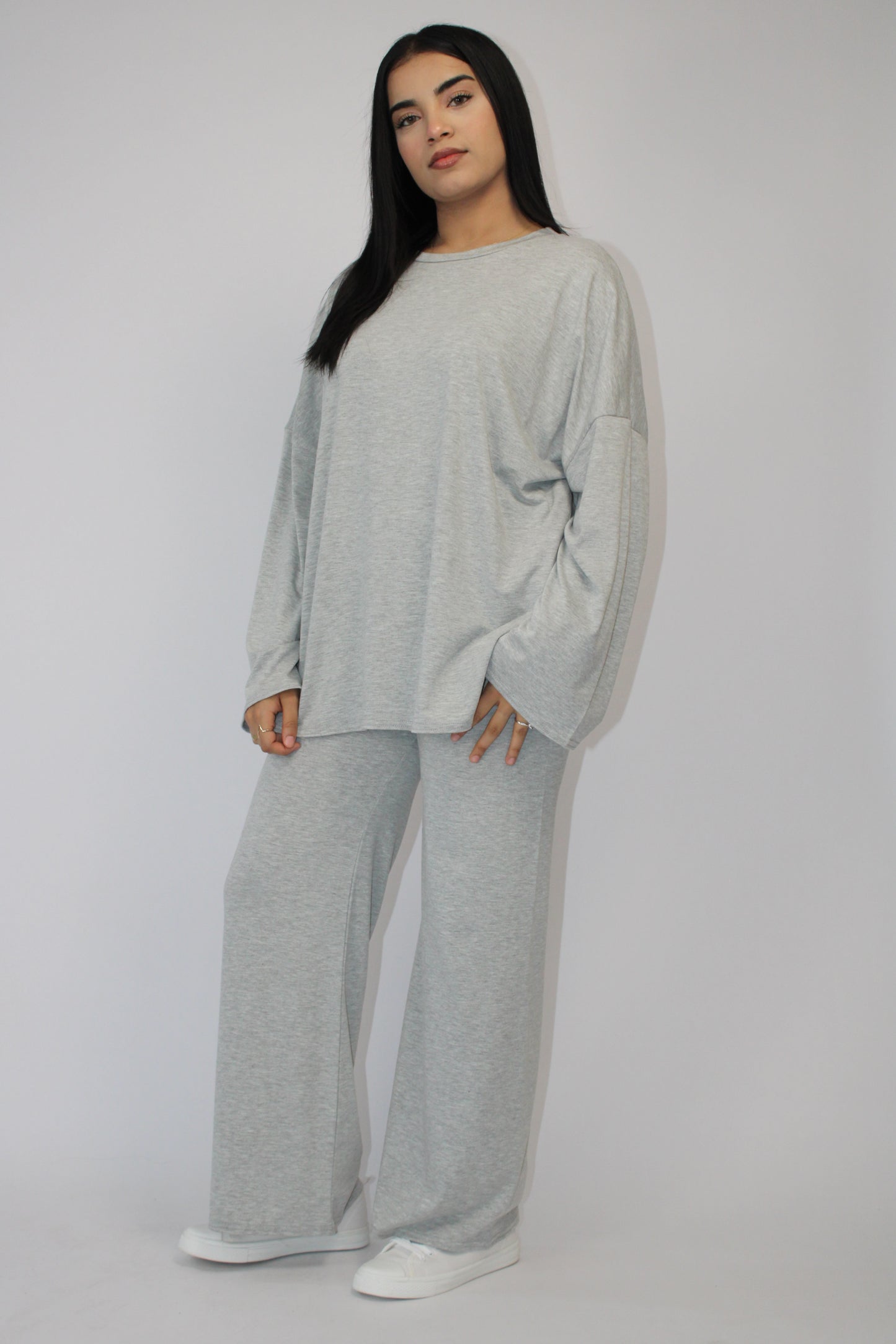 LIGHT GREY MARL BASIC LONG SLEEVE OVERSIZED TOP