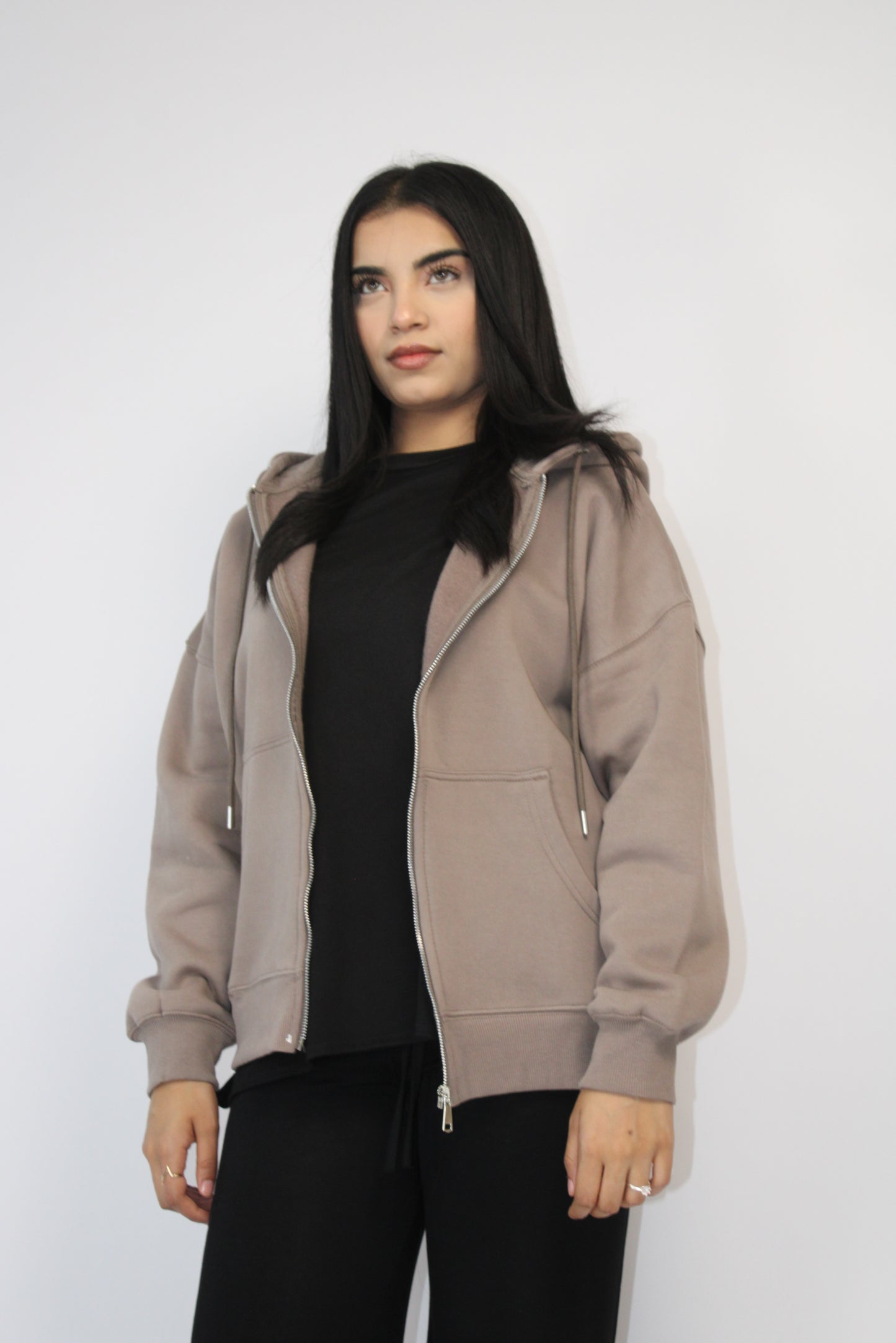 MOCHA BASIC DROP SHOULDER ZIP-UP HOODIE
