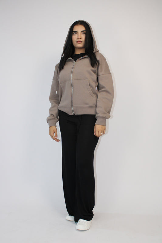 MOCHA BASIC DROP SHOULDER ZIP-UP HOODIE