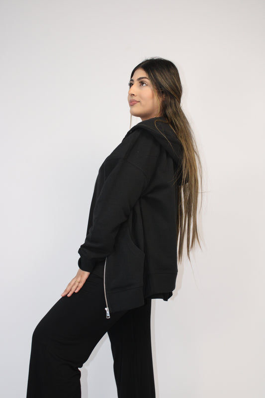 BLACK BASIC DROP SHOULDER ZIP-UP HOODIE