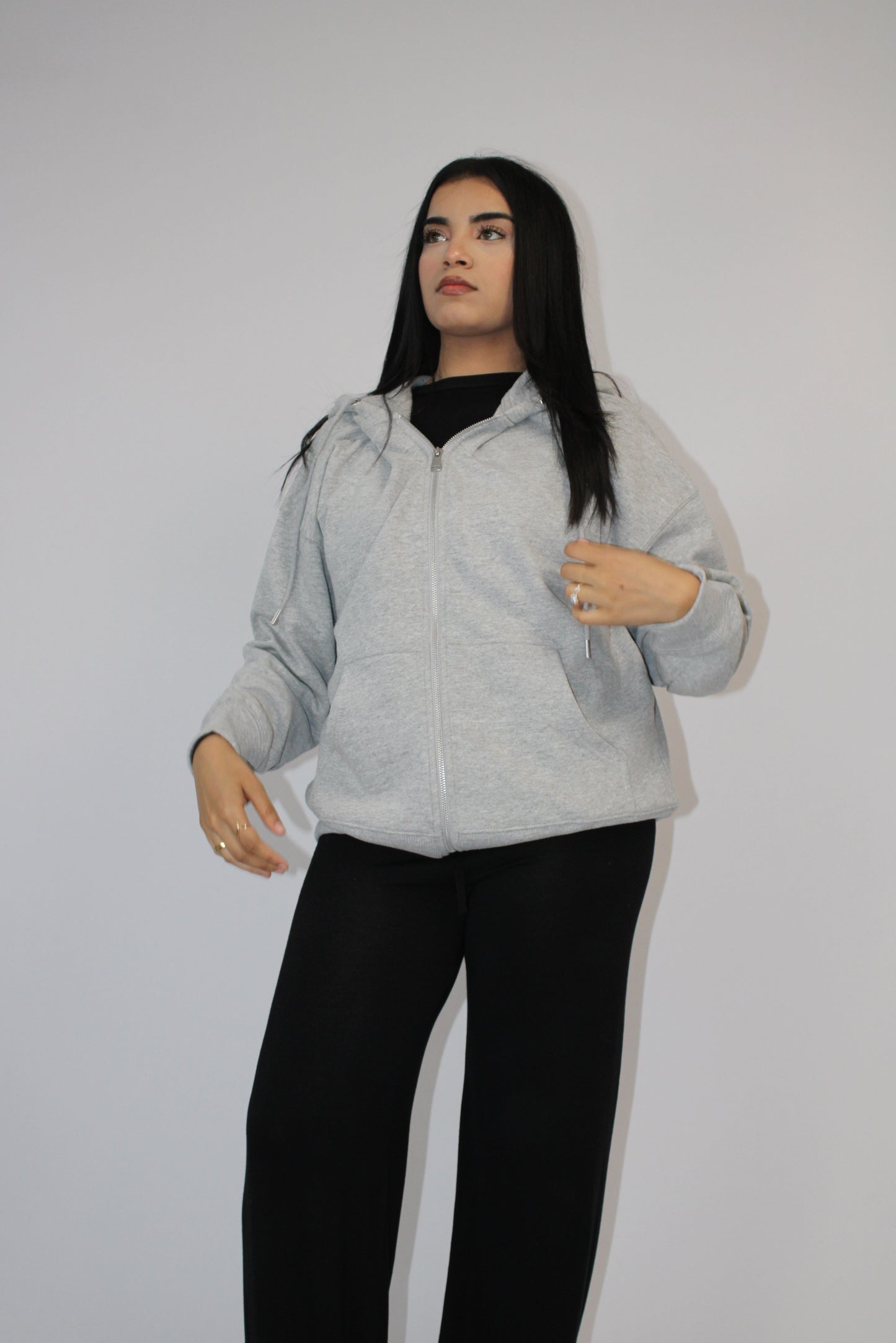 LIGHT GREY BASIC DROP SHOULDER ZIP-UP HOODIE