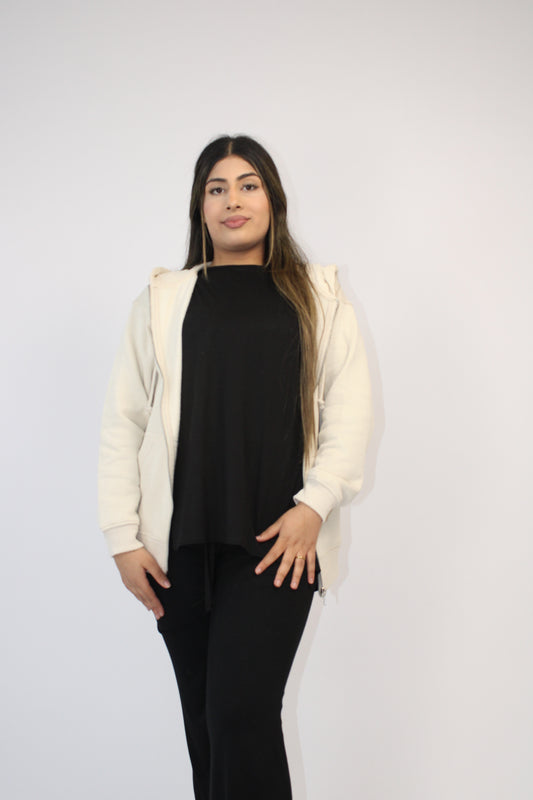 CREAM BASIC DROP SHOULDER ZIP-UP HOODIE