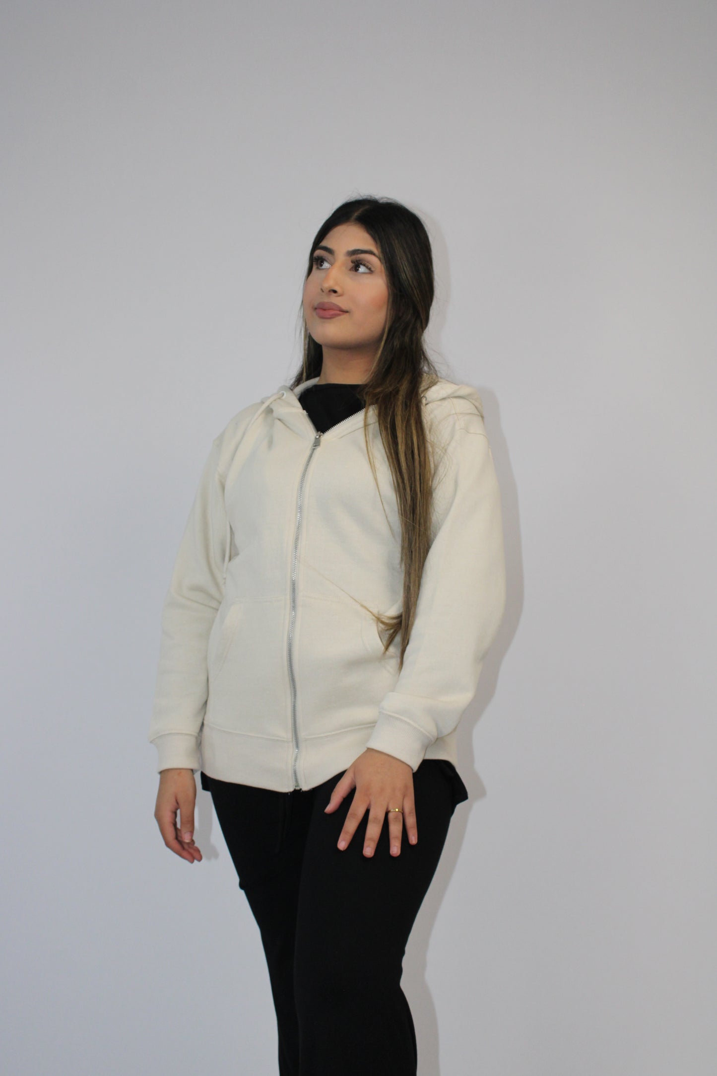 CREAM BASIC DROP SHOULDER ZIP-UP HOODIE