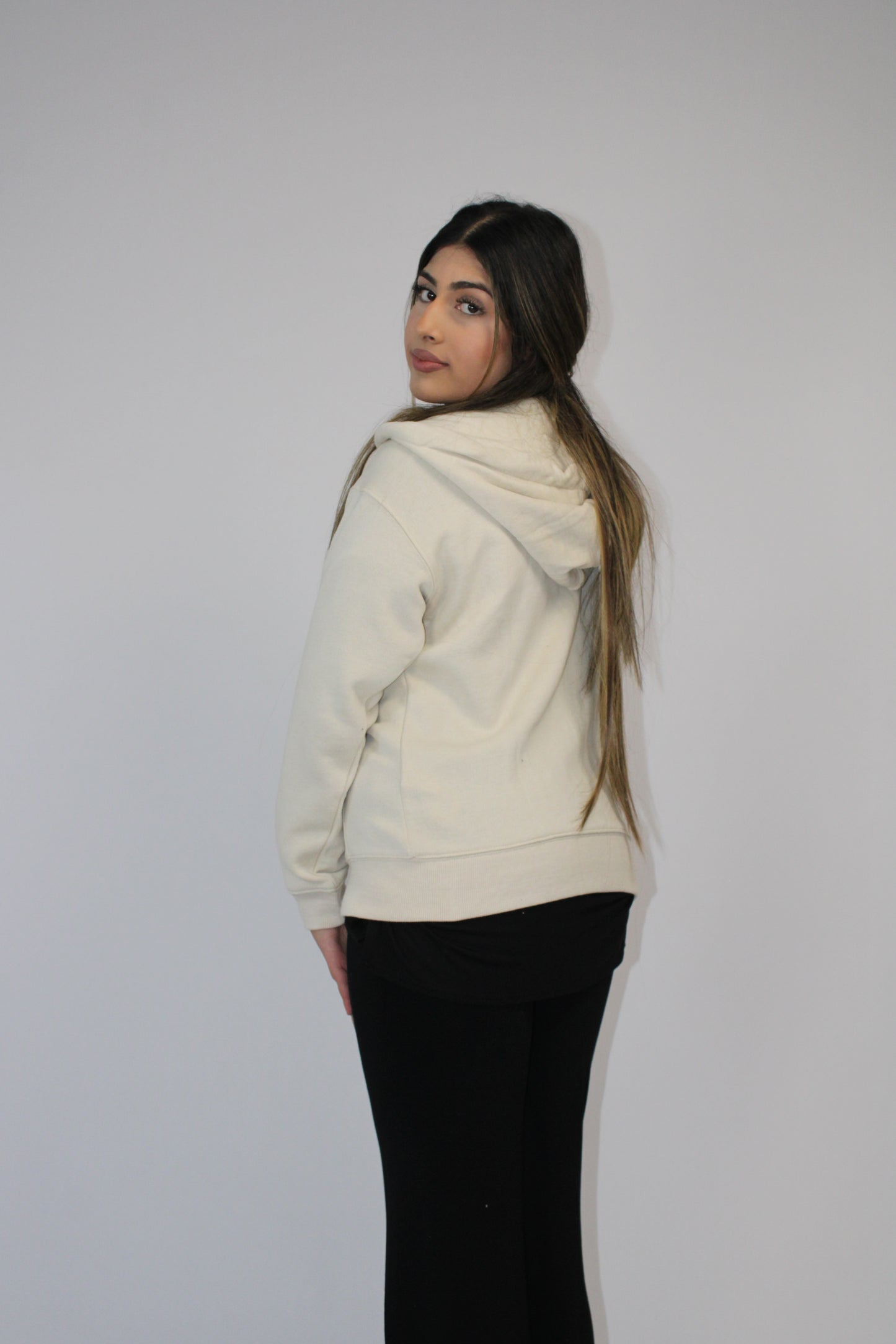 CREAM BASIC DROP SHOULDER ZIP-UP HOODIE