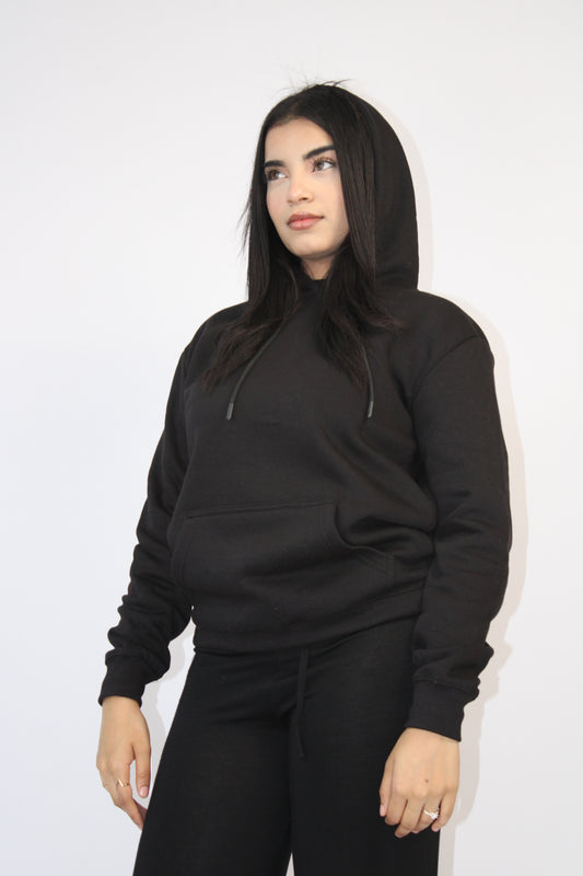 BLACK PLAIN PULLOVER DRAWSTRING HOODIE