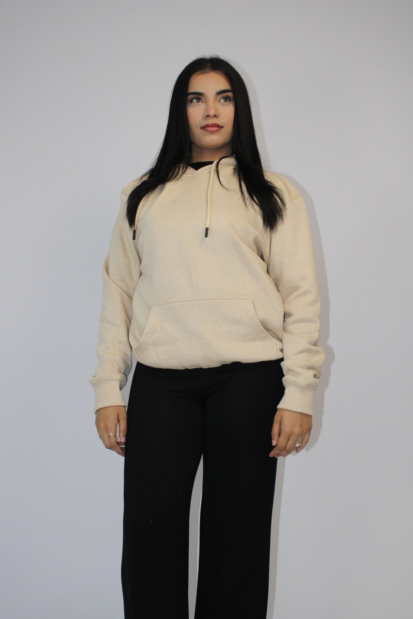 BEIGE PLAIN BASIC DRAWSTRING HOODIE