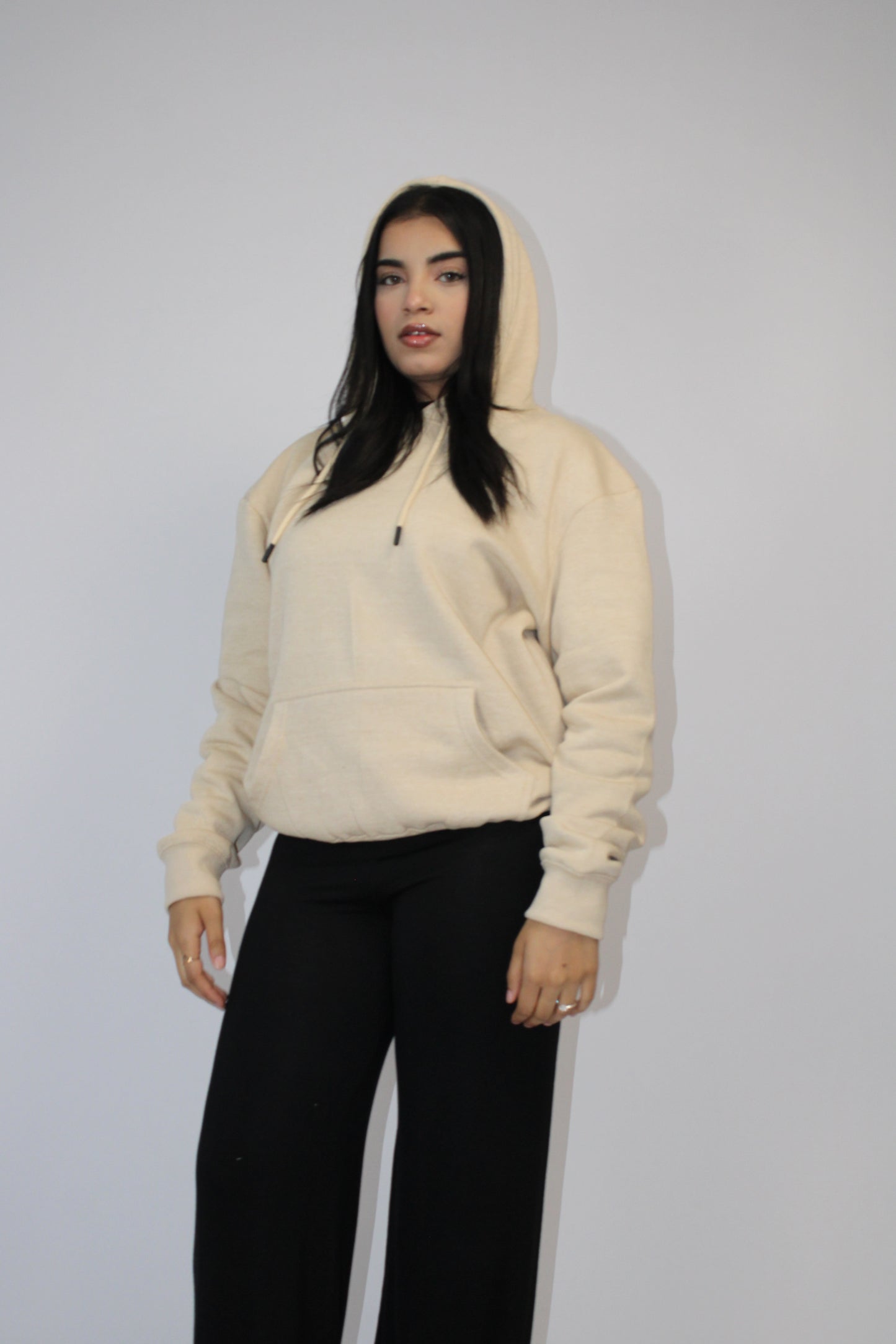 BEIGE PLAIN BASIC DRAWSTRING HOODIE